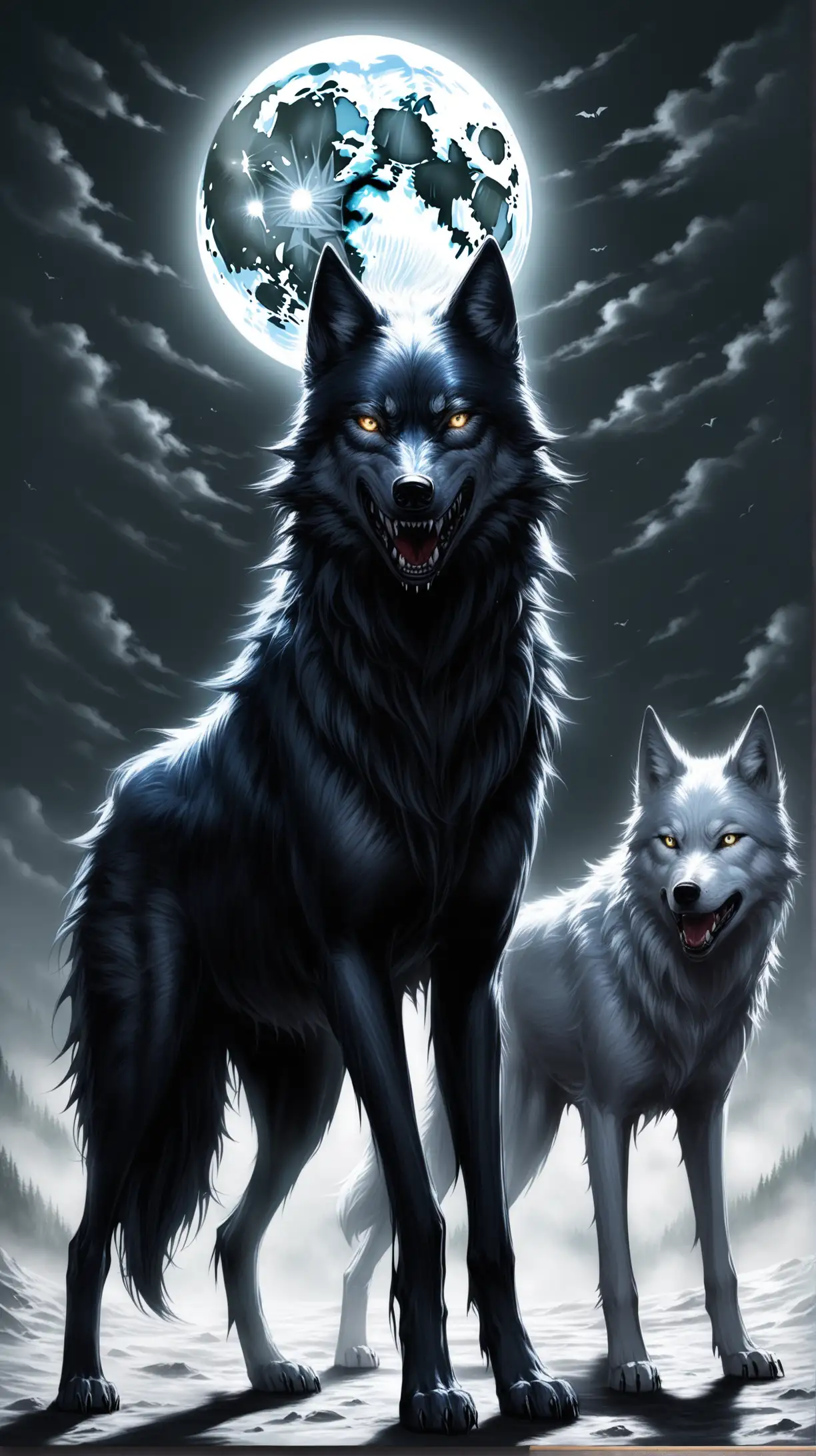 Cursed Spirits Shadow Wolf and Moon Wolf in HyperRealistic Portrayal