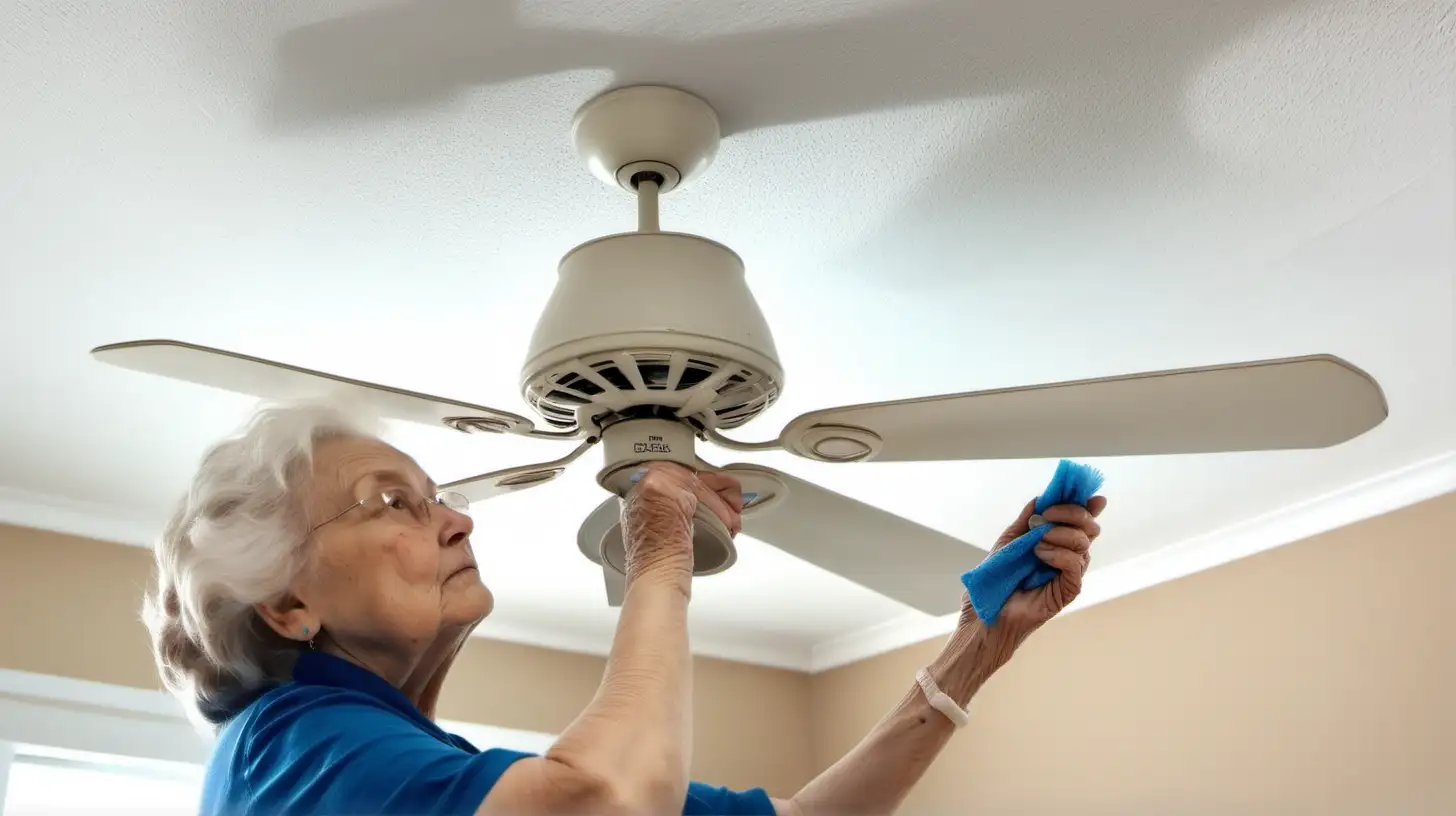 CloseUp Portrait of Grandma Cleaning Dusty White Ceiling Fan in Blue Top