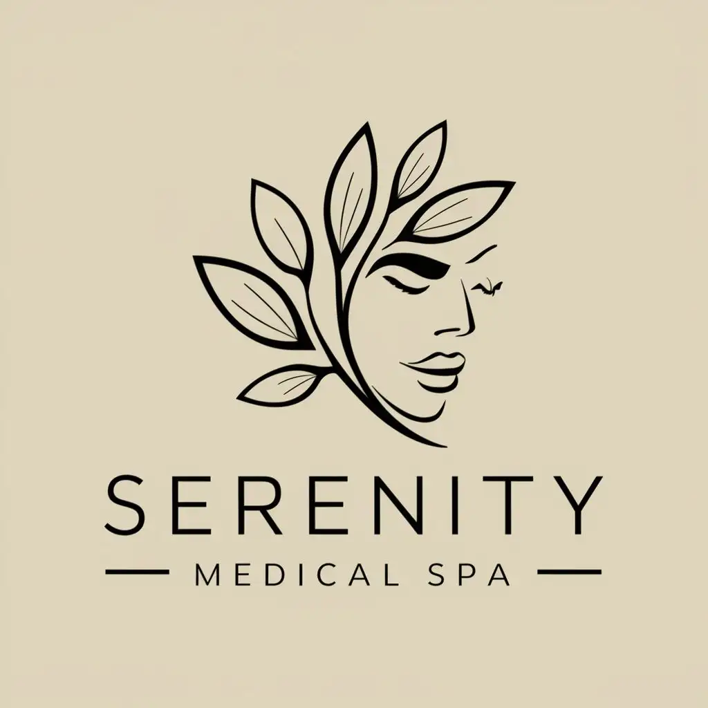 logo, leaves and face, with the text "serenity medical spa", typography