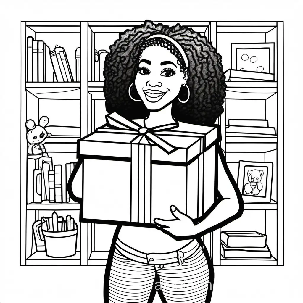 Pretty black woman holding a box, Coloring Page, black and white, line art, white background, Simplicity, Ample White Space. The background of the coloring page is plain white to make it easy for young children to color within the lines. The outlines of all the subjects are easy to distinguish, making it simple for kids to color without too much difficulty