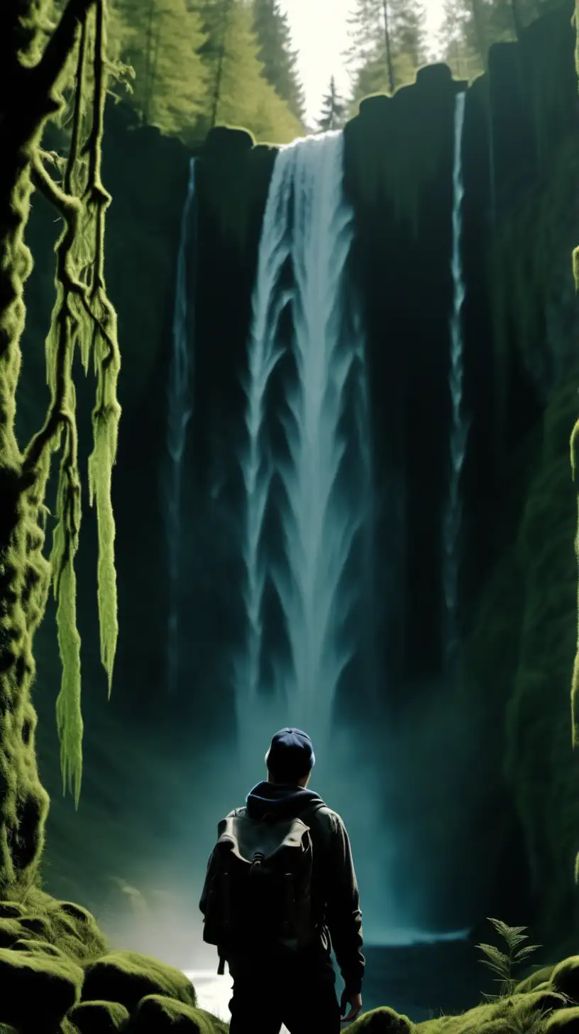create hype norwegian forest with waterfall in the middle, silhouette of a bald guy with cap and backpack is looking at the waterfall, moss covered trees, 1080p resolution, ultra 4K, high quality