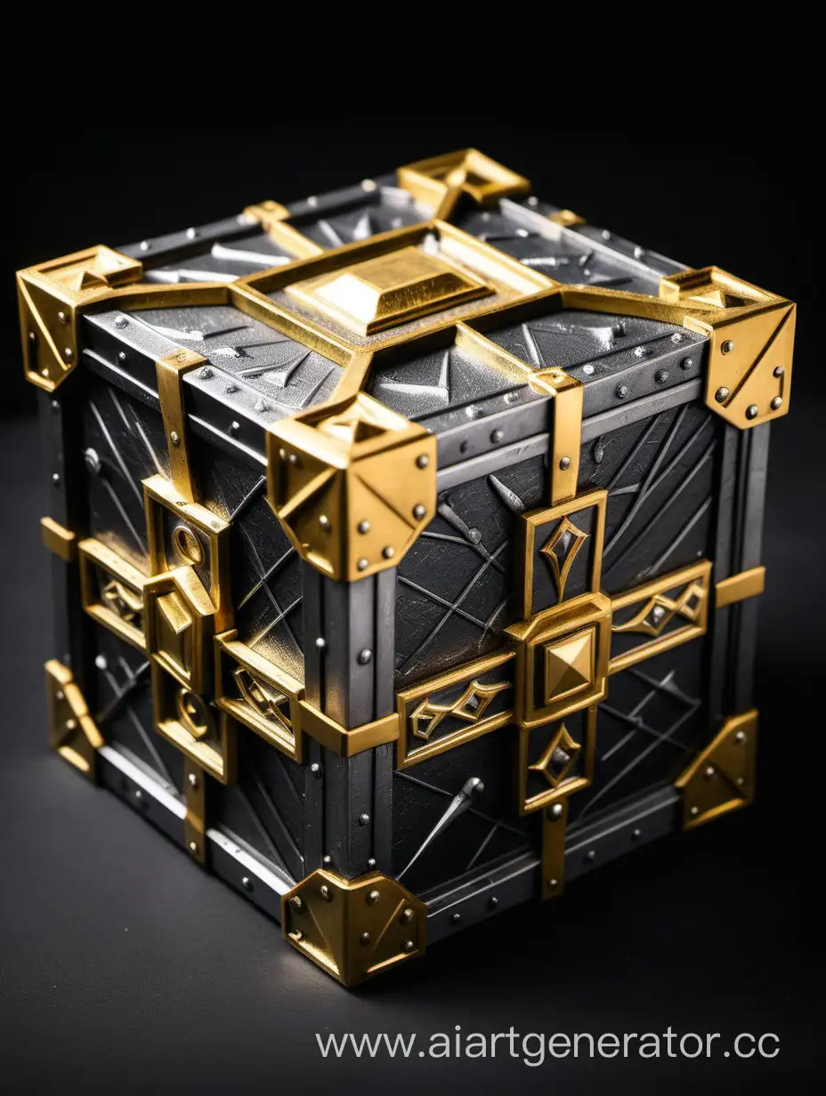 Luxurious-Iron-Square-Lootbox-with-Gold-Inserts-on-Black-Background