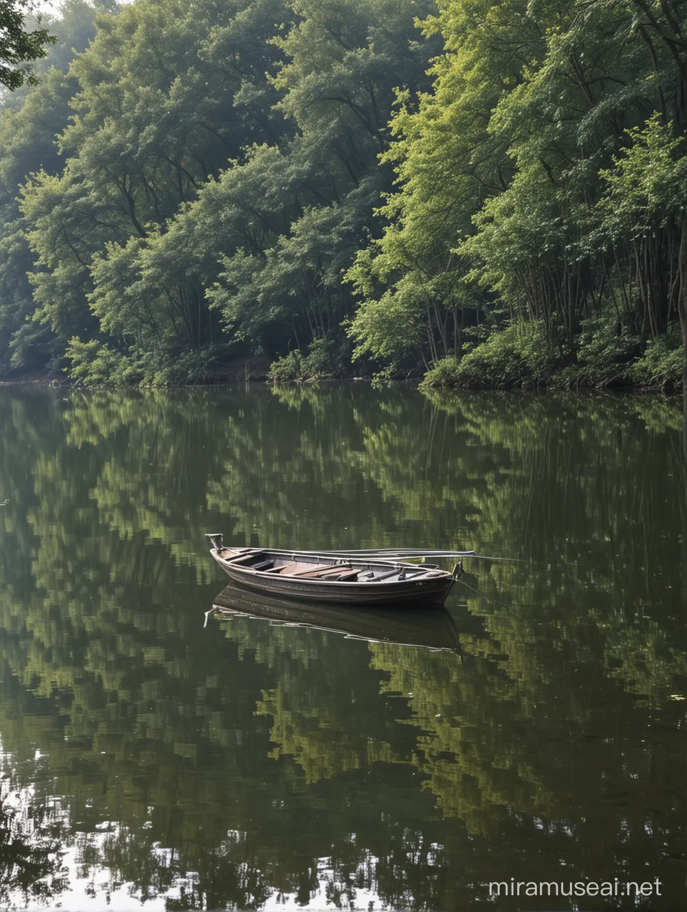 boat, watercraft, tree, scenery, outdoors, no_humans, water, plant, nature, traditional_media, reflection, day