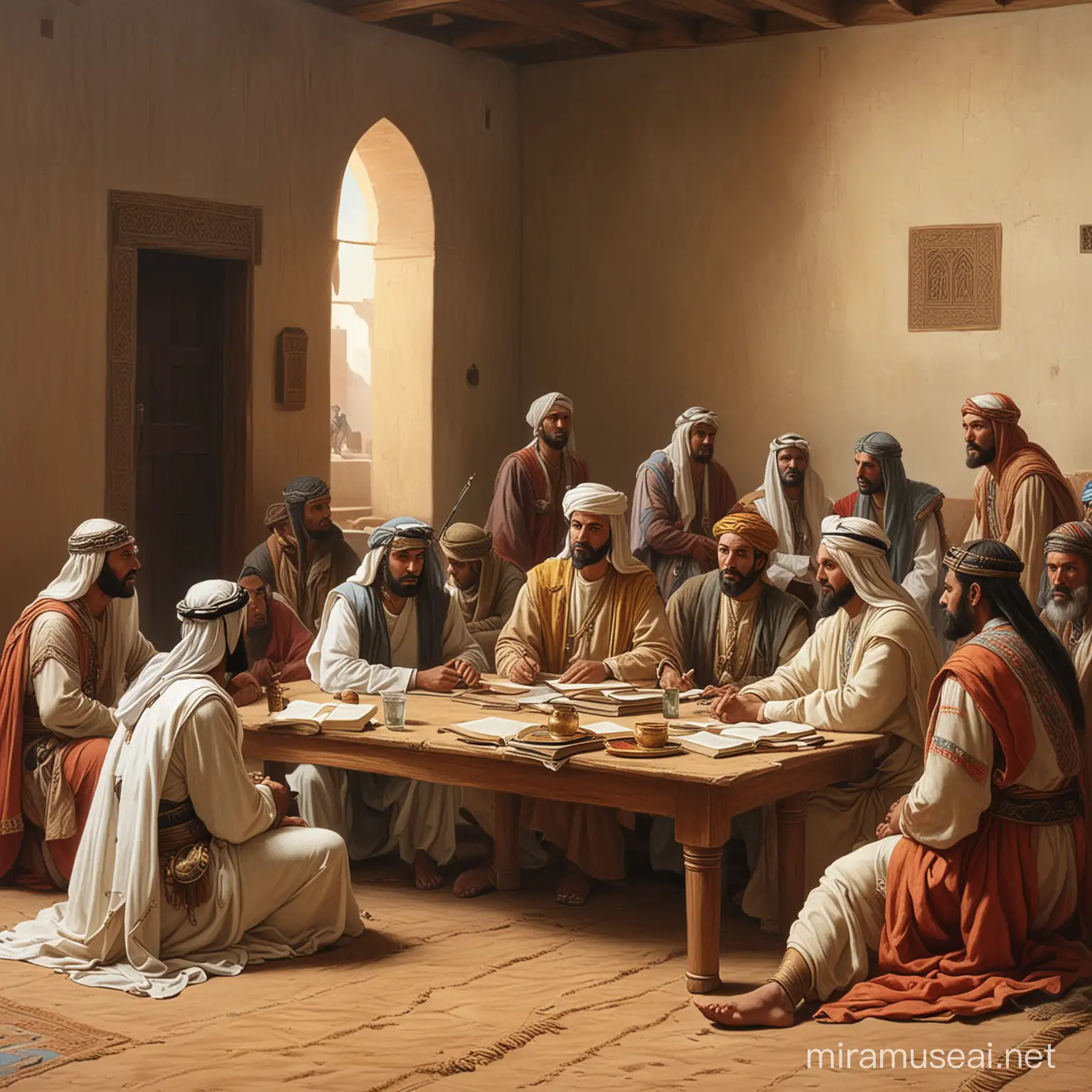 600AD Arabian meeting small group in room, in judging court



