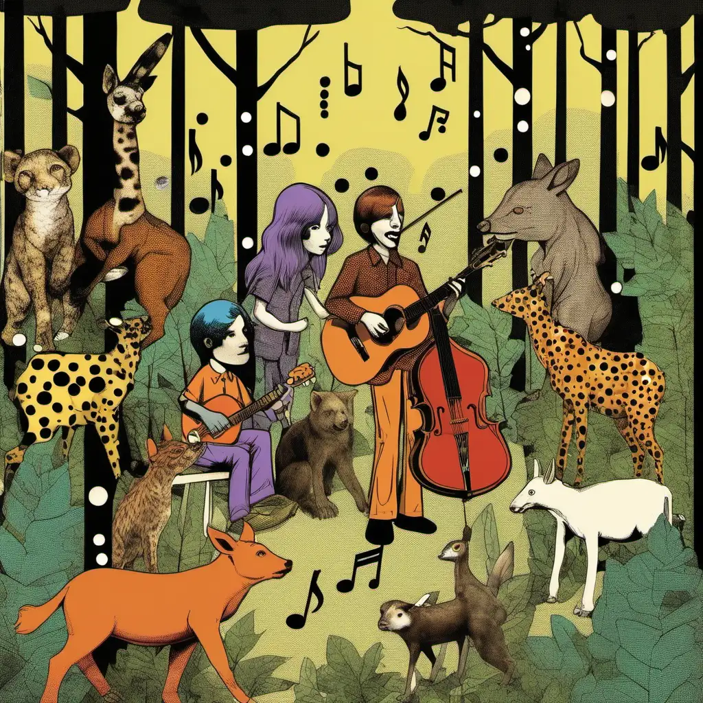 animals and people making music in the forest 
[style: 70s modern art]
[texture: comic book dots]
