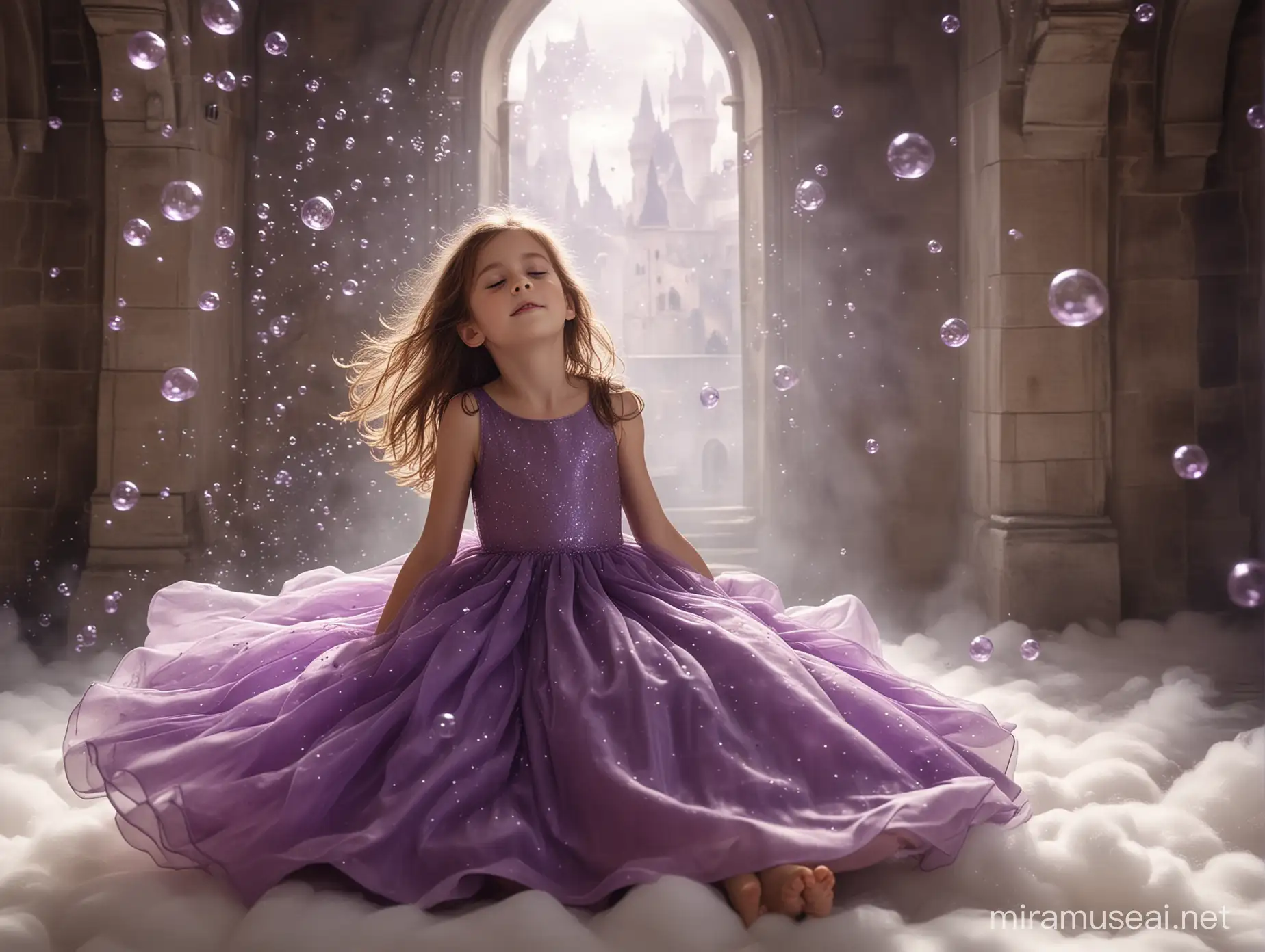 Serene 6YearOld Girl Floating in Fairy Castle Amidst Glowing Bubbles
