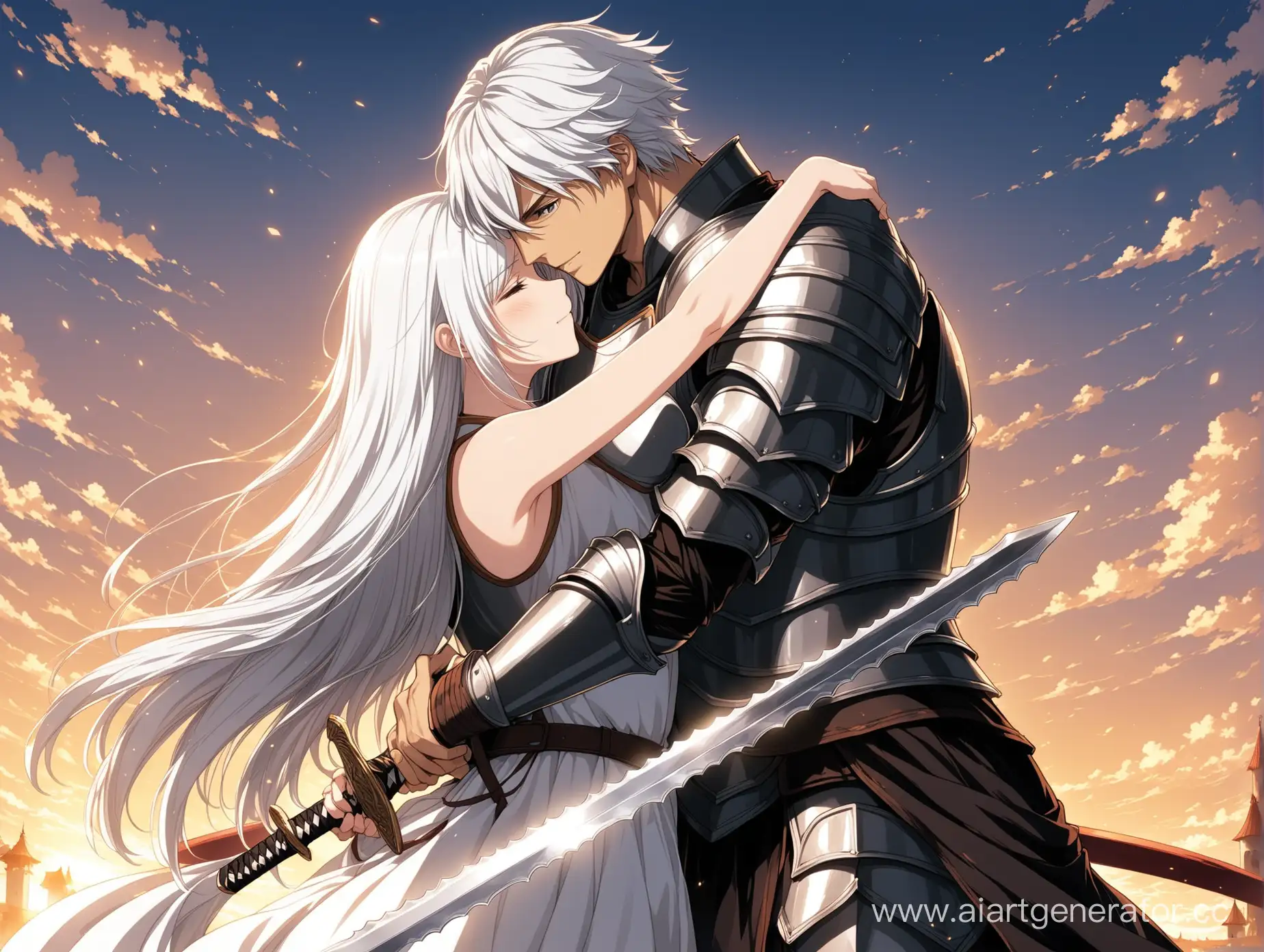 Девушка с черно белыми волосами и с мечом , обнимает парня в  доспехах и мечом с белым волосами
Аниме арт