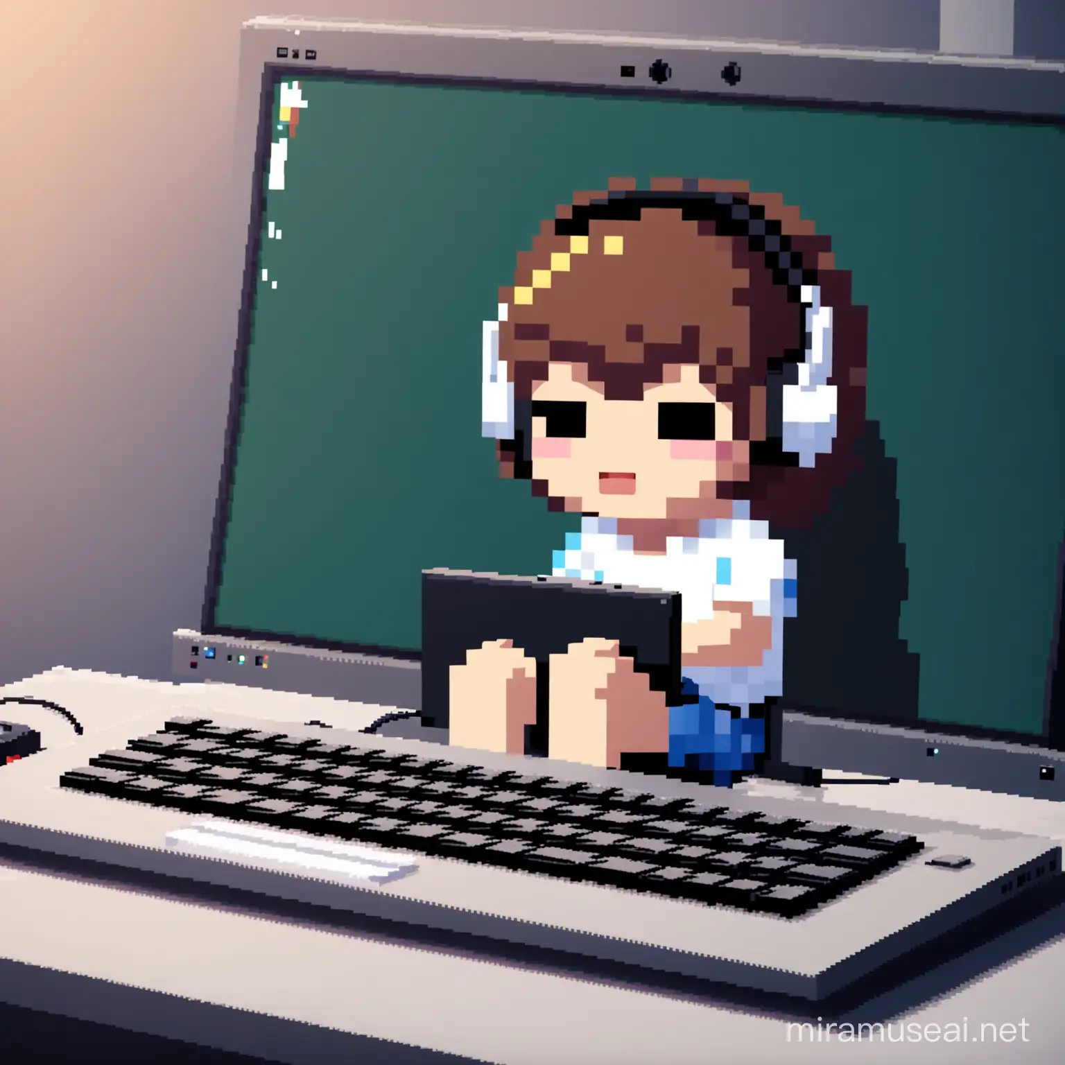 kid sit on computer pixel for chilling music video