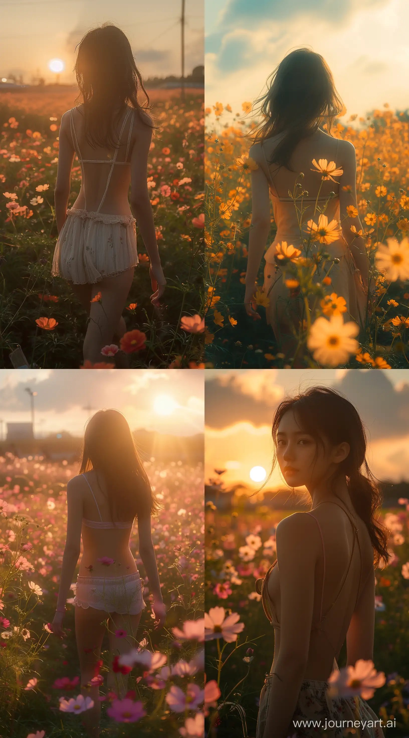 young asian girl walking on middle of flowers with sun set ,looking to viewe,back body, the style of shige's visual aesthetic style, low speed film, romantic and nostalgic themes, dark cyan and light amber, dolly kei, snapshot aesthetic, chinapunk --ar 71:128 --stylize 750 --v 6