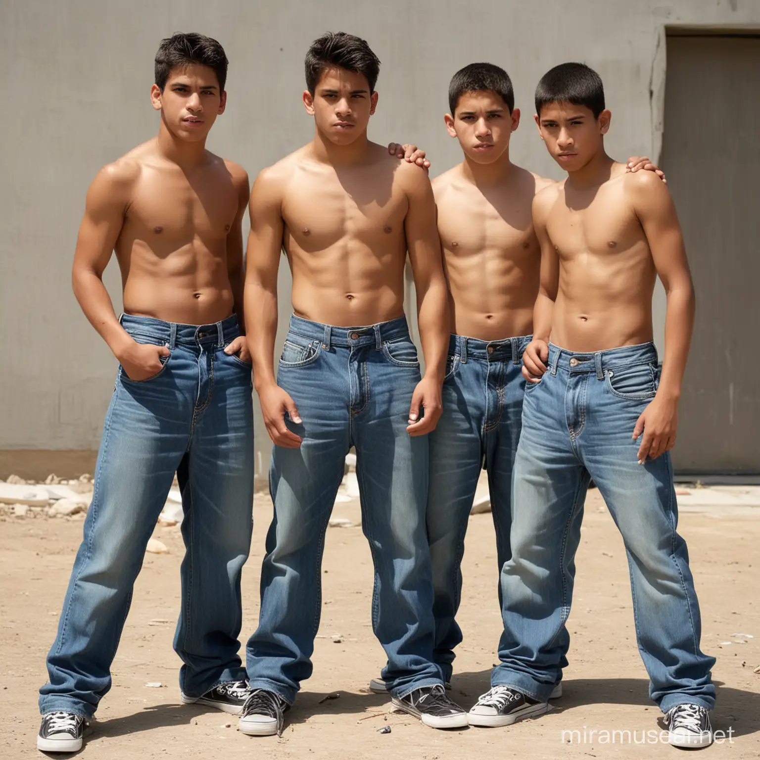3 boys, hispanic, thugs, blue jeans, sagging, boxers visible, shirtless, gang 