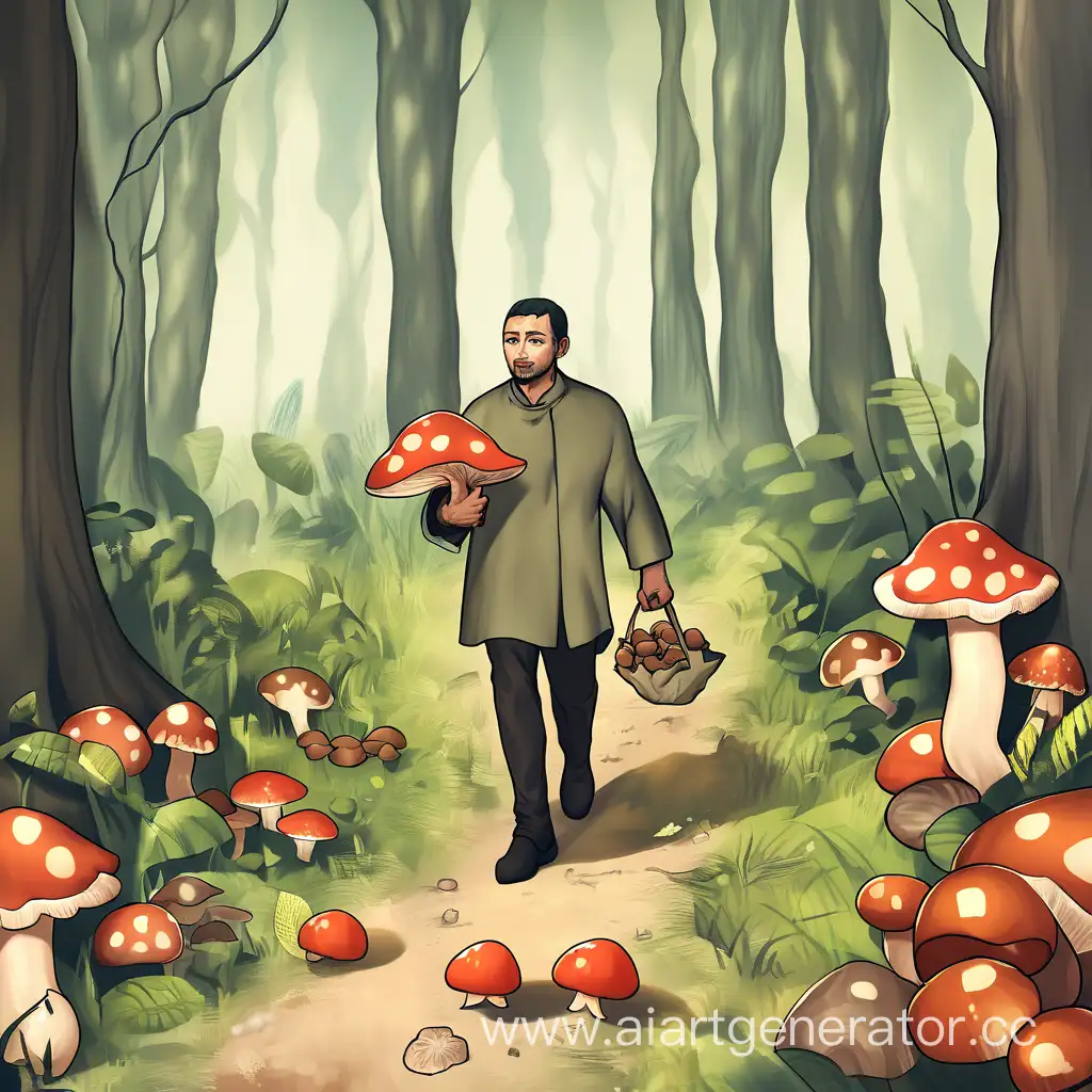 Мужик ходит и собирает грибы в лесу