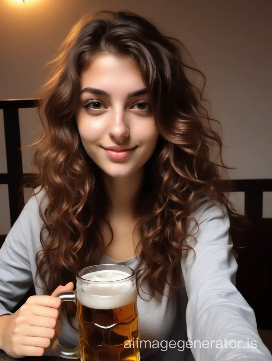 a photo of michela an italian prosperous girl just came back home from college with brown wavy hair taking a self hot picture relaxing drinking beer