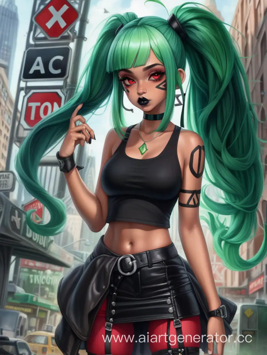 девушка с длинными высокими хвостиками, на голове волосы зеленые, кожа смуглая, глаза красные, губы черные, черный топик и красная юбка, на фоне токсичного знака, с осколком стекла в руке