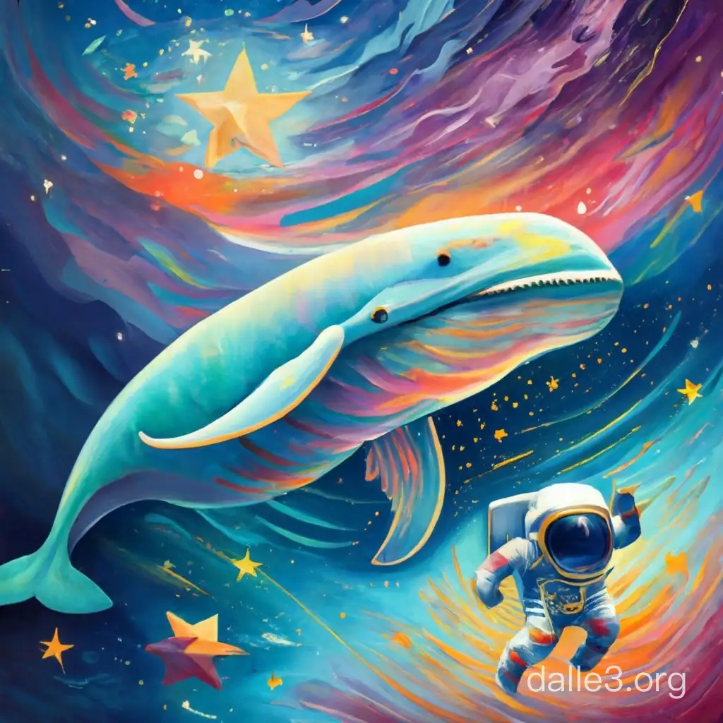  Whale and star and astronaut suspended in space in impressionism style 