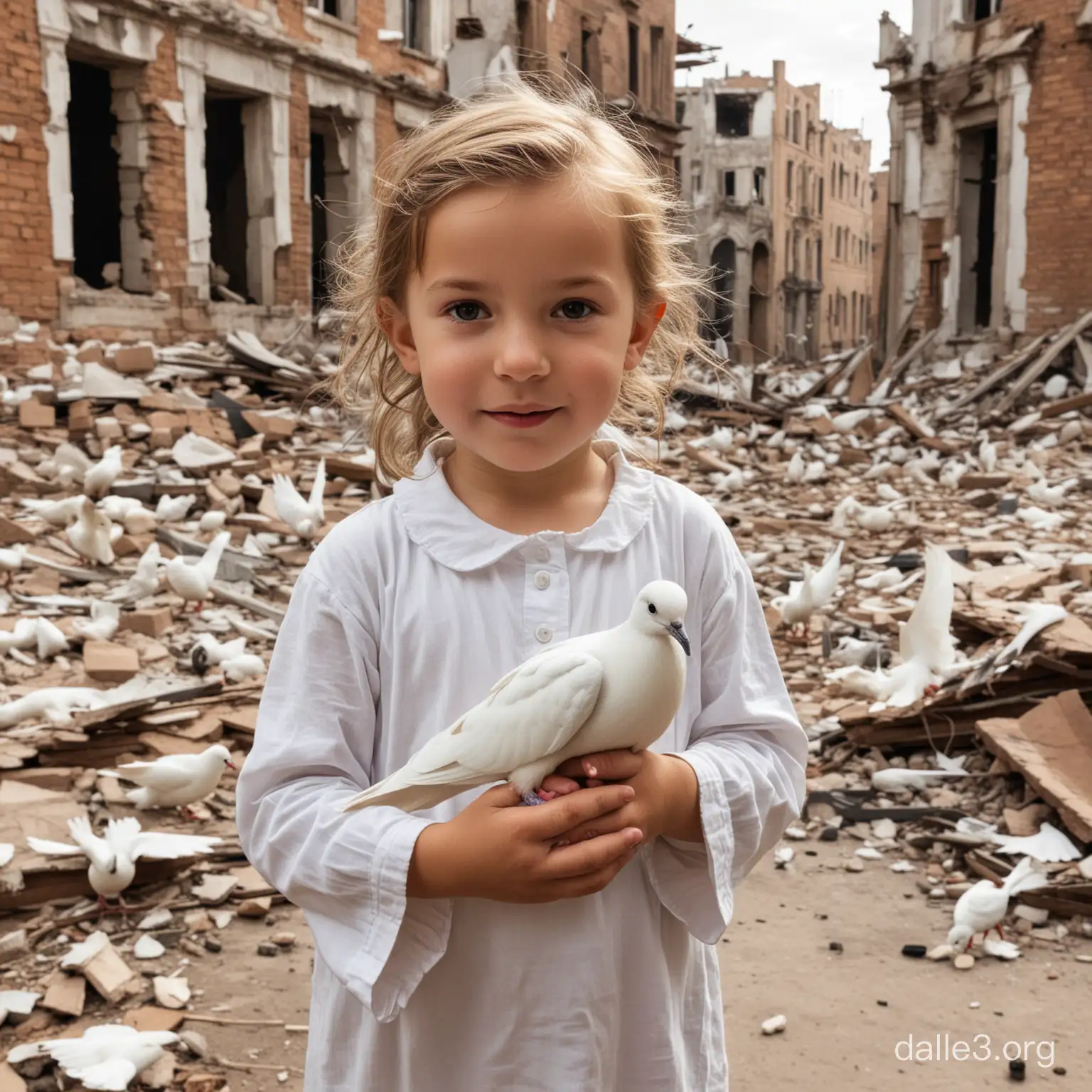 A little child holding a beautiful white dove in the middle of a ruined devastated city 