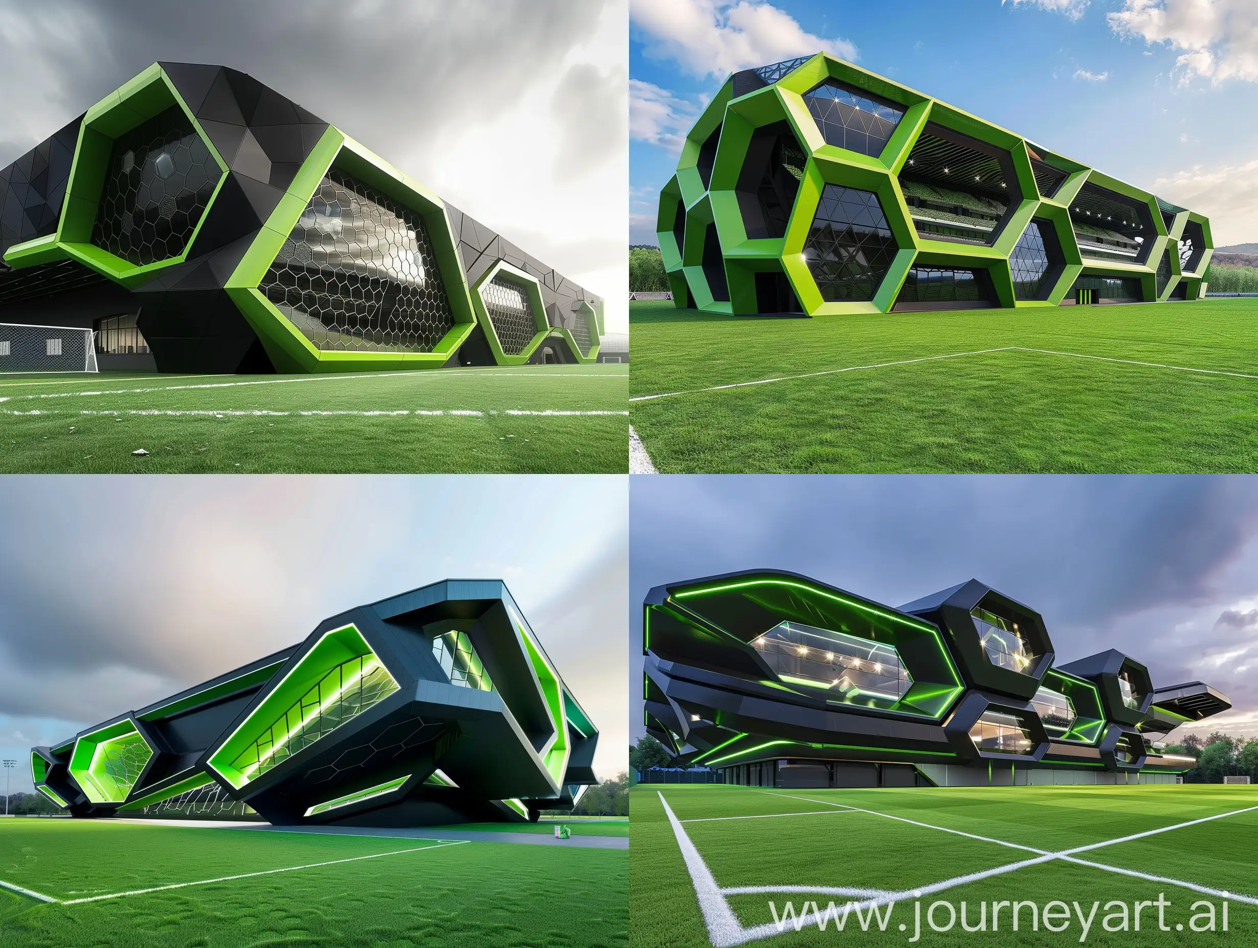 صورة جانبية و خارجية لملعب كرة قدم, تصميم الملعب عصري, يعتمد على المعين كشكل هندسي. اللون الاخضر و الاسود