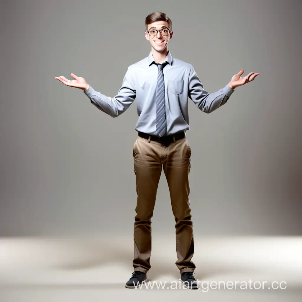 Young man teacher holding something in both hands in full length without background