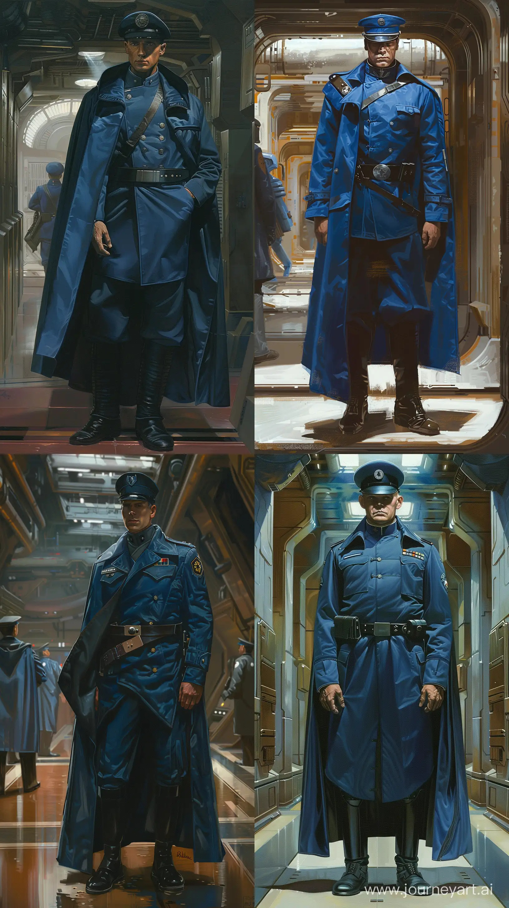 A tall man dressed in a blue uniform similar to a WW2 German officer and wearing a dark trench coat over his shoulders and wearing a peaked cap painted by Ralph McQuarrie.  retro science fiction art style. standing in the halls of a star destroyer.  similar to the uniform of an imperial officer. --ar 9:16
