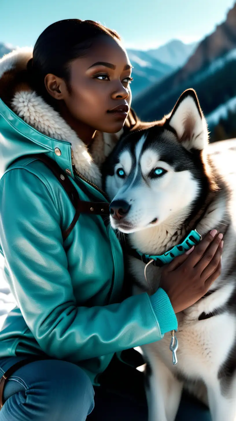 Close up view Beautiful Black woman, wearing Turquoise, leather parka, Wearing long, white, cable knit sweater, kneeling in snow, holding husky pup, looking away into the distance, Colorado rocky mountains in the background, Golden time of day, Ultra 4k, 1080p resolution, hyper realistic, lighting is volumetric, sun is in her face