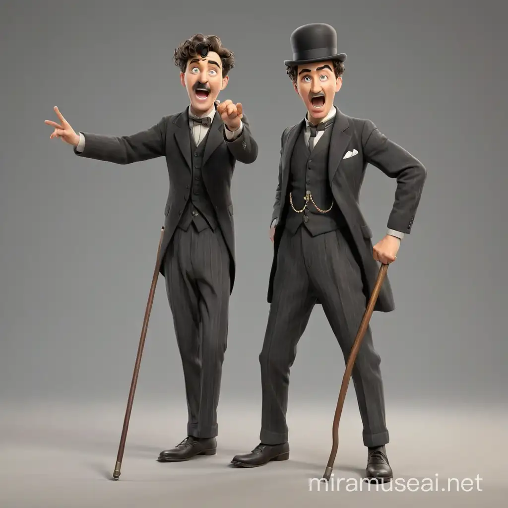 Charlie Chaplin is yelling at someone on the set and waving his cane, he's very angry . We see him full-length, with arms and legs. Image in the style of realism 3d animation
