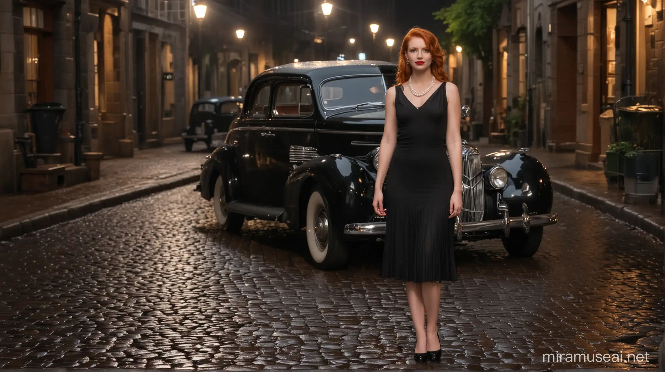 A beautiful redhead woman in a black dress and a pearl necklace standing next to a 1940's era car on a wet cobblestone street at night