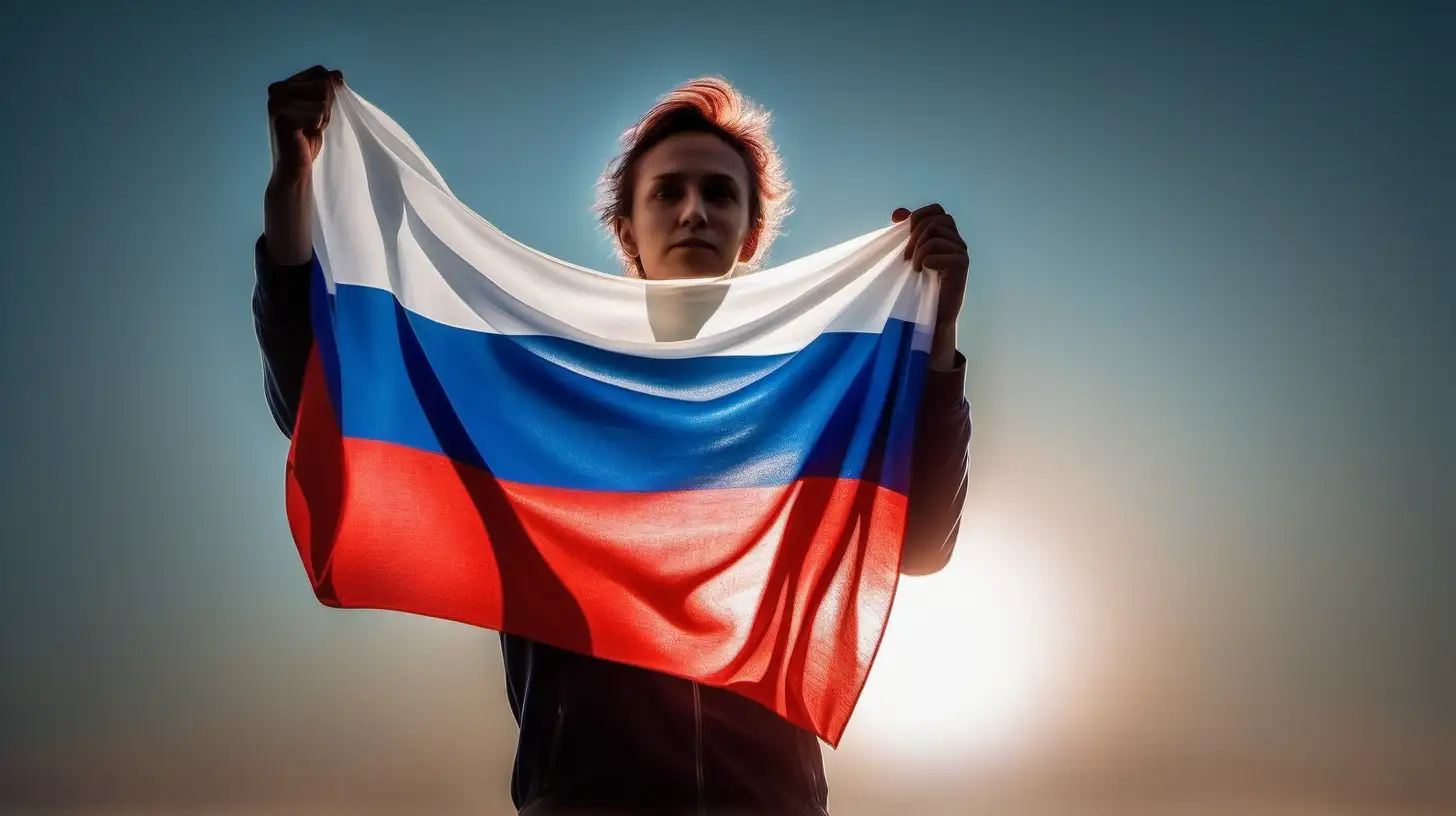 Capture a powerful image of a person holding a luminous Russian flag close to their heart, radiating patriotism and love for their country.