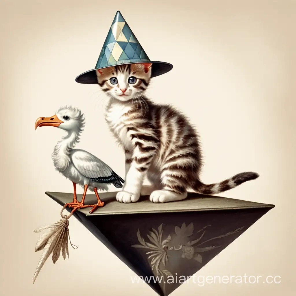 Котёнок в шапке треуголке сидит верхом на аисте