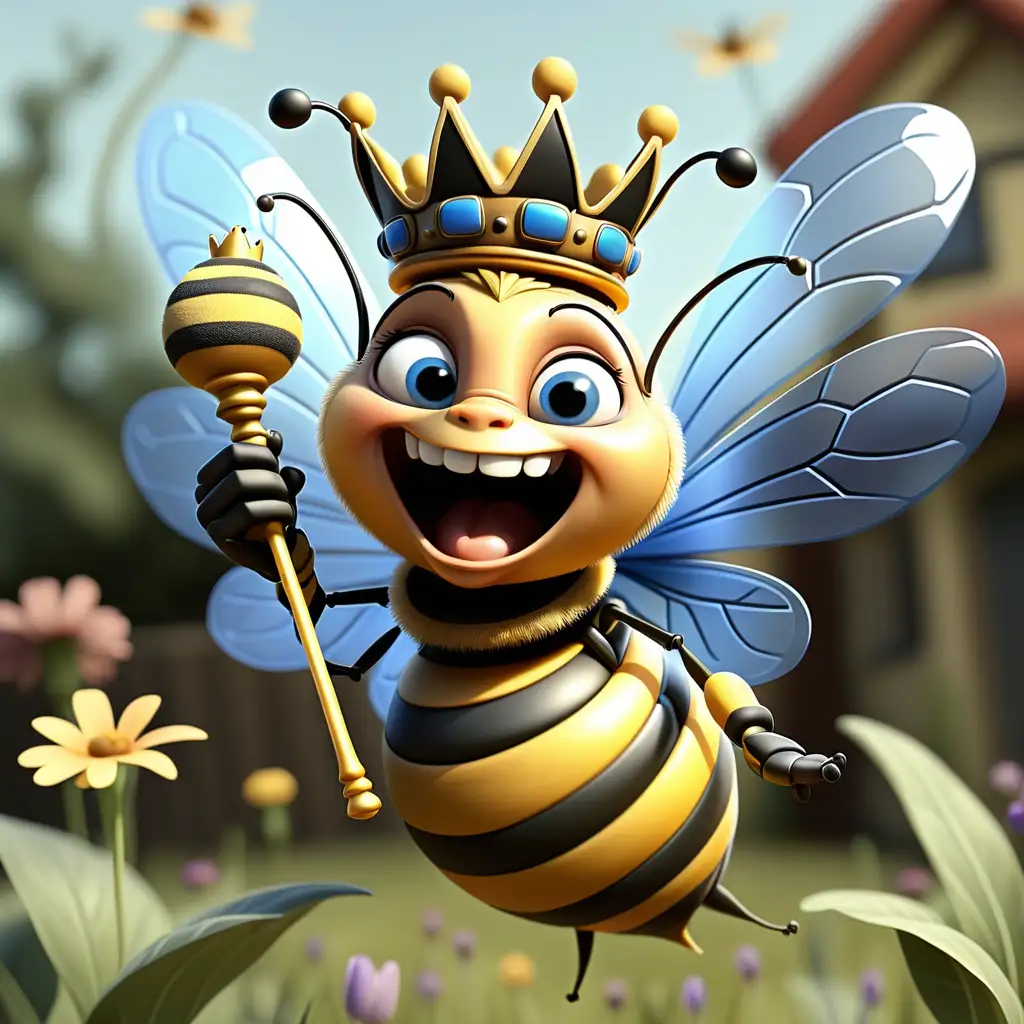 
A little bee holds a scepter and wears a crown, fluttering its wings and flying in the air. The bee's belly is blue and black striped
