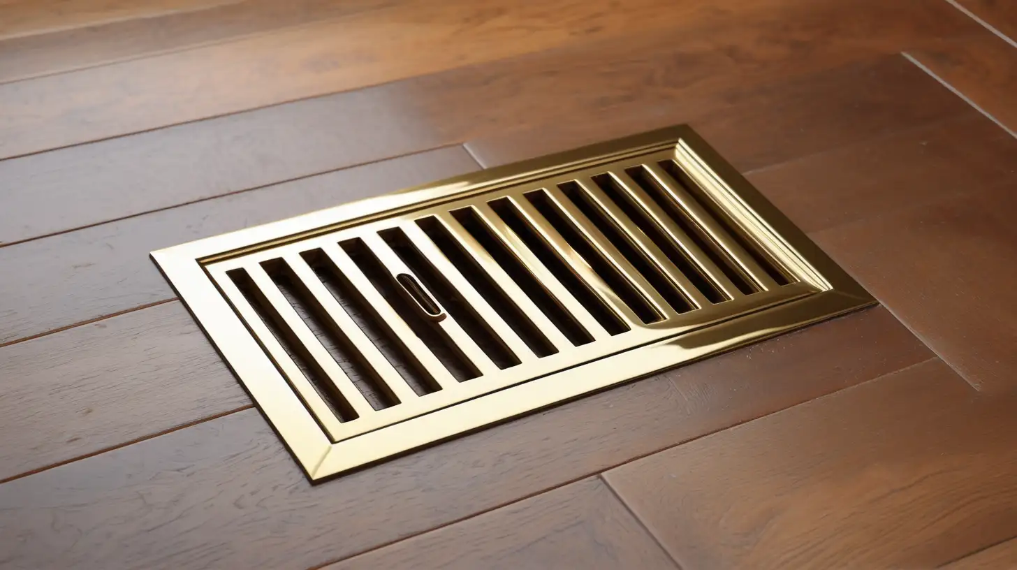 shiny gold rectangular vent on on wood floor. clearer and brighter.