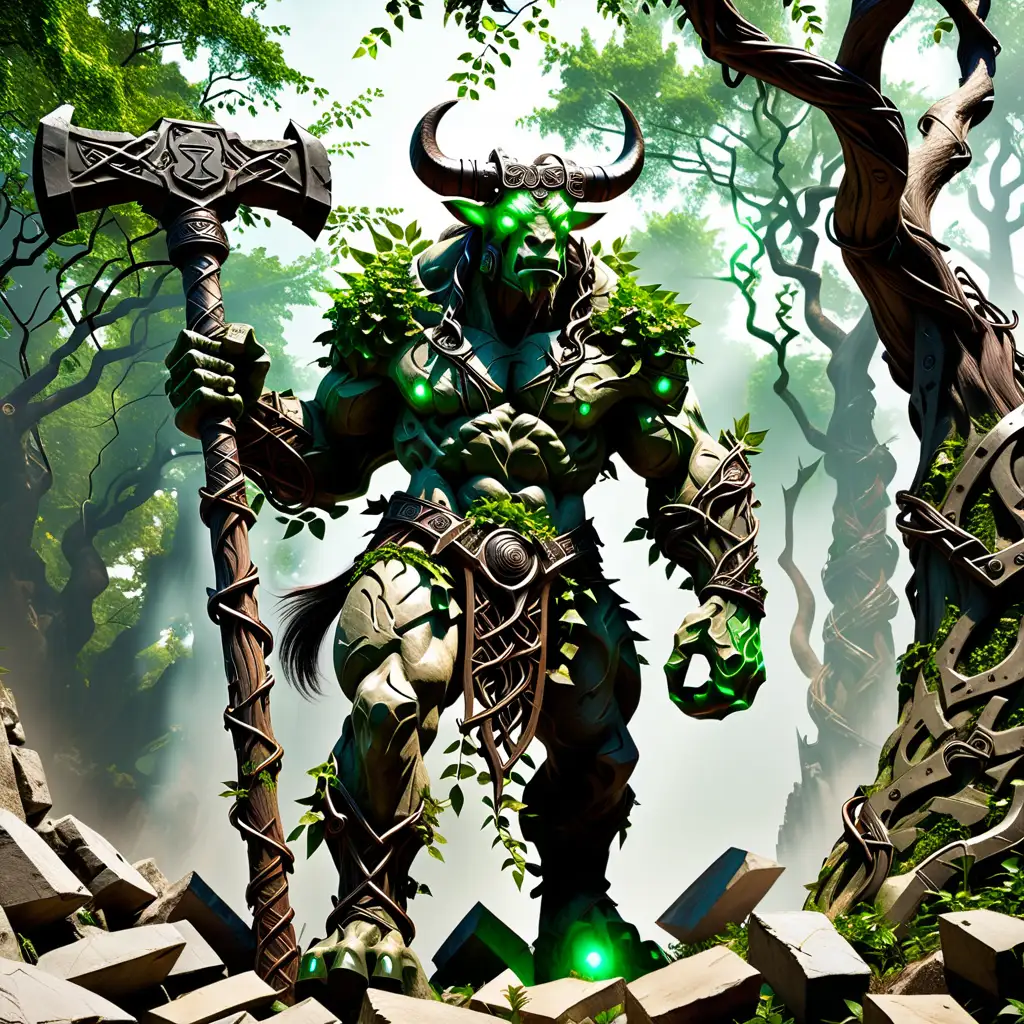 giant, minotaur, made of stone and vines, glowing green eyes, carries war hammer made of metal and a tree