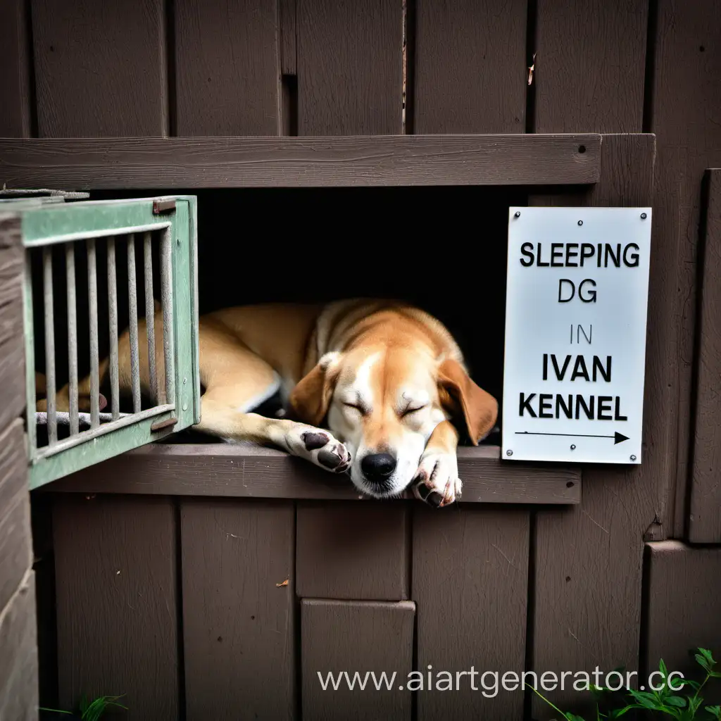 спящая собака в очень уютной будке,над будкой вывеска "Иван"