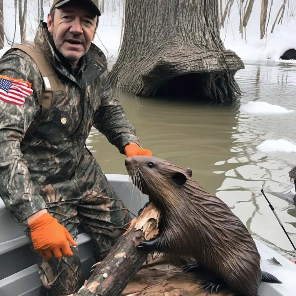 Kevin Spacey in camouflage with trapped beaver