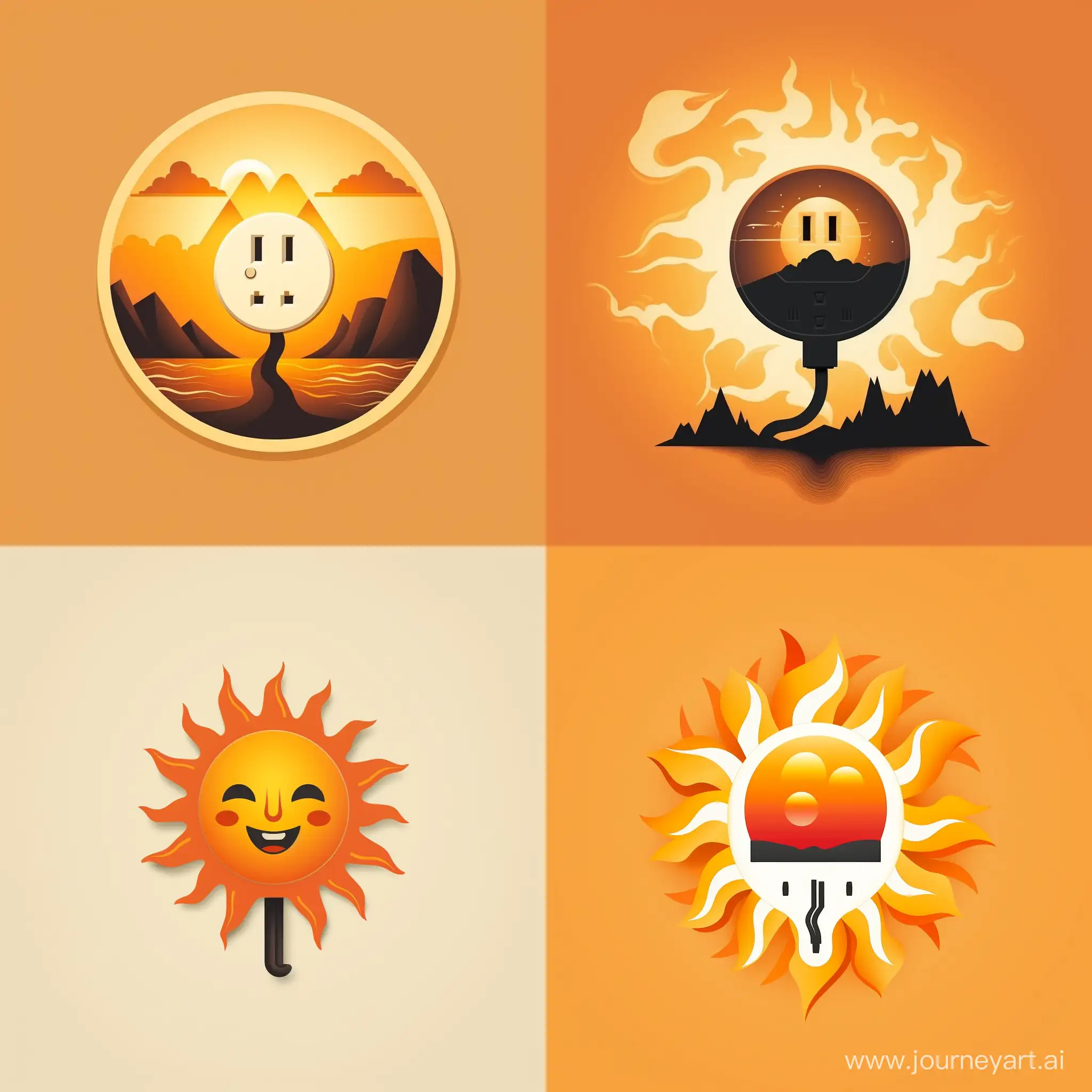 create the following sentence in a plain and modern logo: plug the SUN in the socket. Use subtractive design - showing the sun, the plug and the socket. The colors should be less as possible.