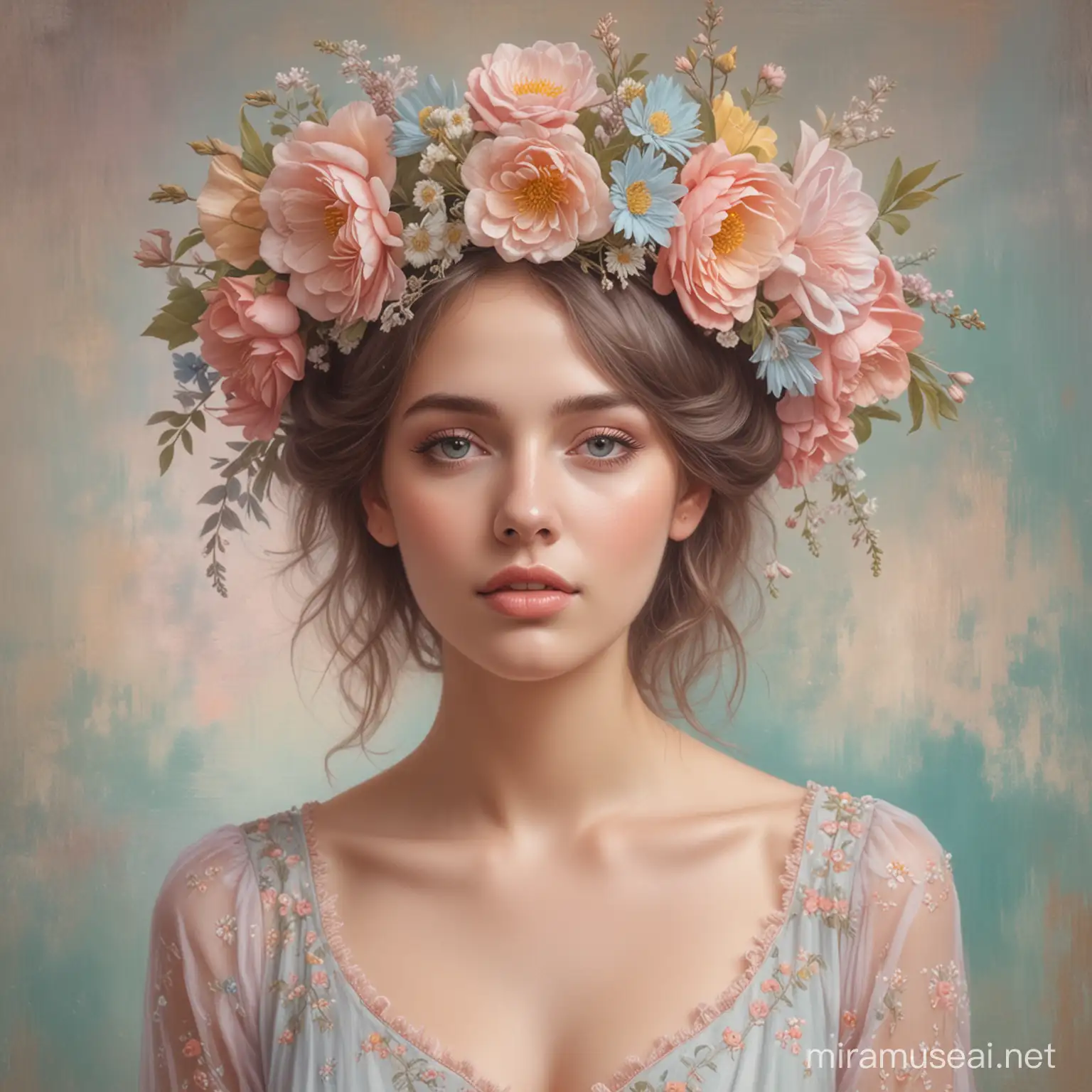 Dreamy pastel drawing a woman flowers on her head and the flowers contineus her dress and the background