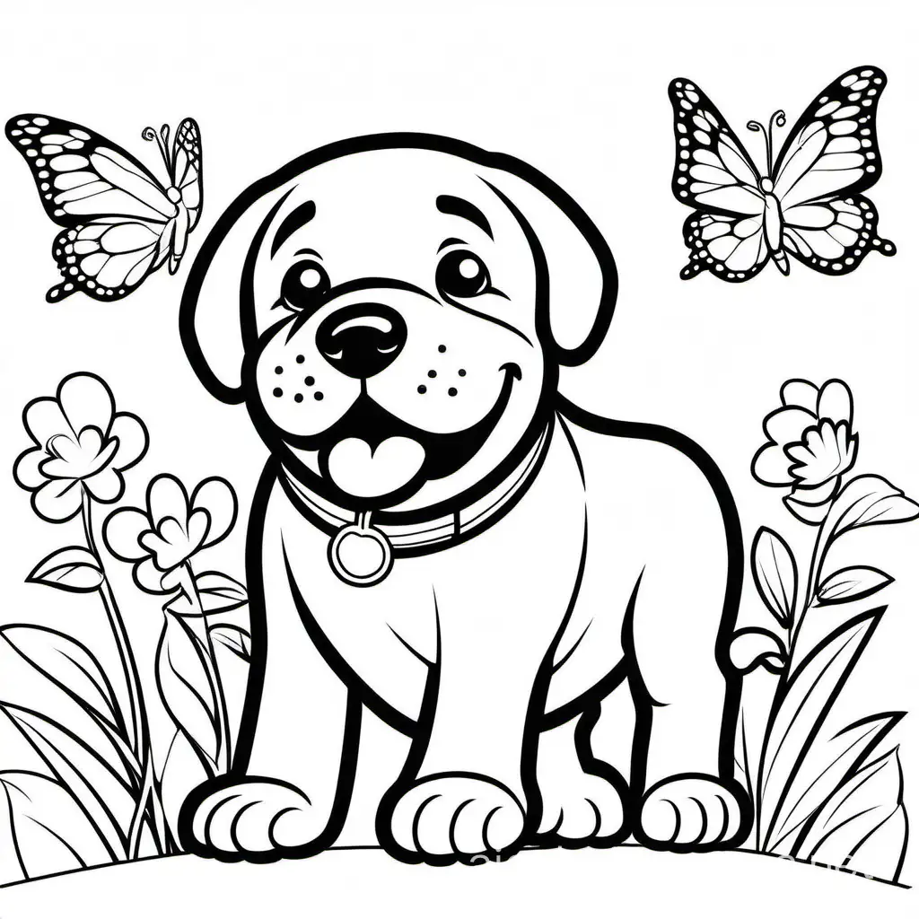 Create cute smiling Mastiffs puppy chasing butterfly, Coloring Page, black and white, line art, white background, Simplicity, Ample White Space. The background of the coloring page is plain white to make it easy for young children to color within the lines. The outlines of all the subjects are easy to distinguish, making it simple for kids to color without too much difficulty