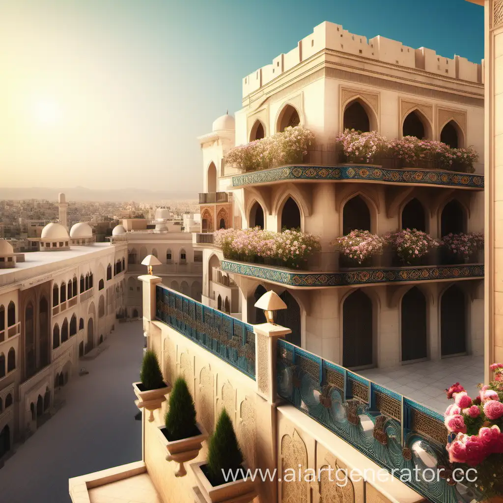 Арабский город с большим дворцом на фоне красивого балкона с цветами