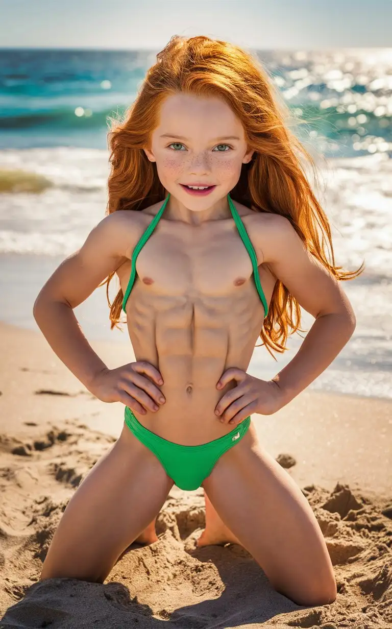 8 years old long ginger hair girl, green eyes, very muscular abs, string bathingsuit, at the beach
