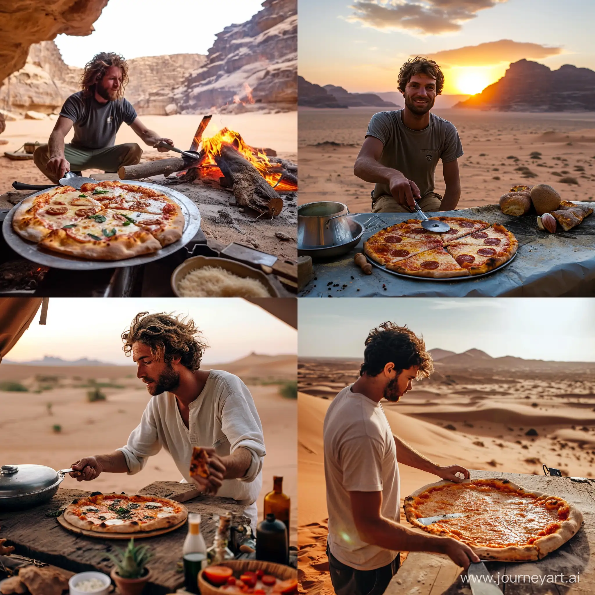Man cook pizza in desert 
