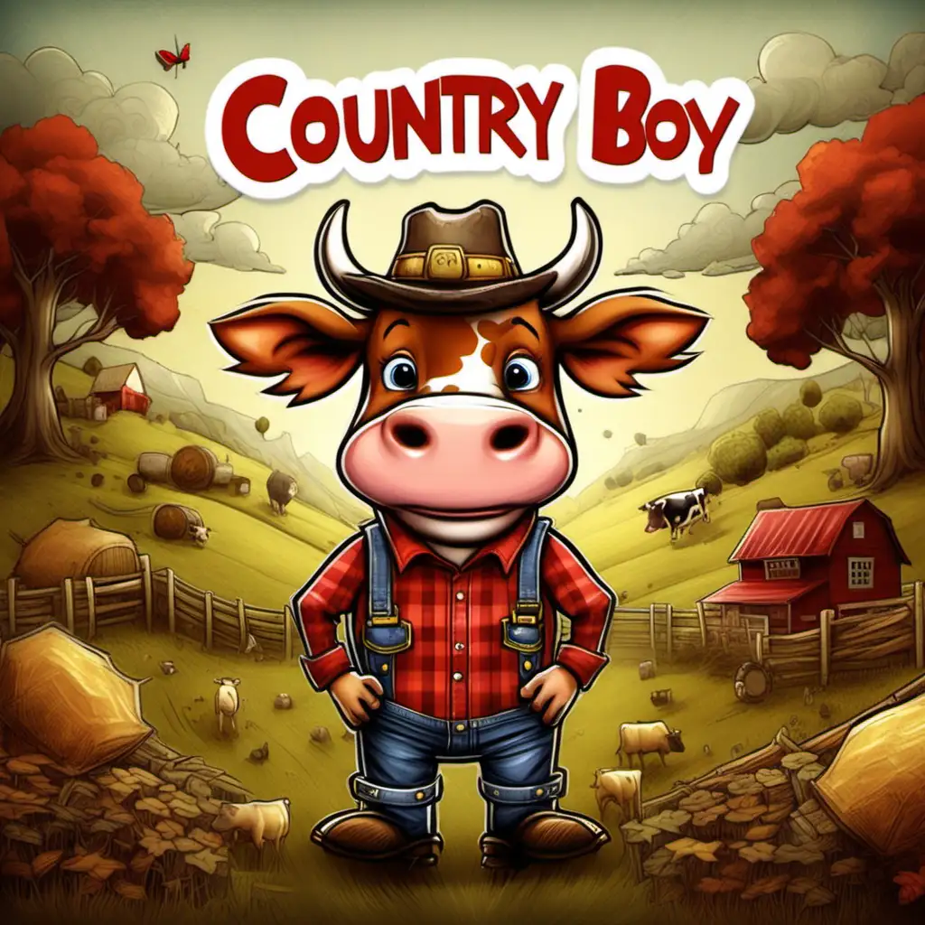 a cartoon cow with the words country boy on it, in the style of kerem beyit, berrypunk, craig davison, #screenshotsaturday, celebrity image mashups, william dyce, red and amber