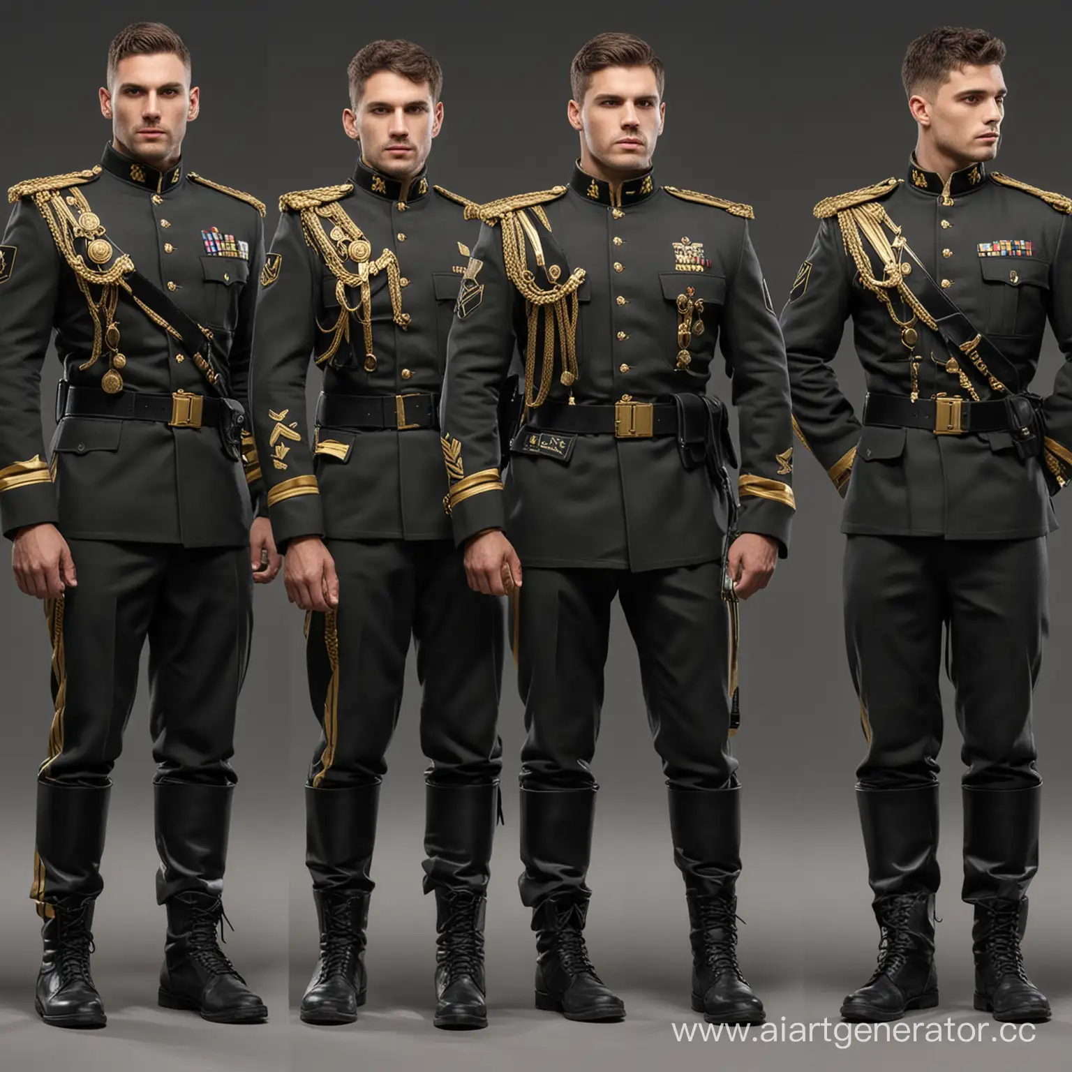 Пример обмундирования солдат "Каэдес" — частной военной организации. В черной, золотой, и серой цветовой гамме.