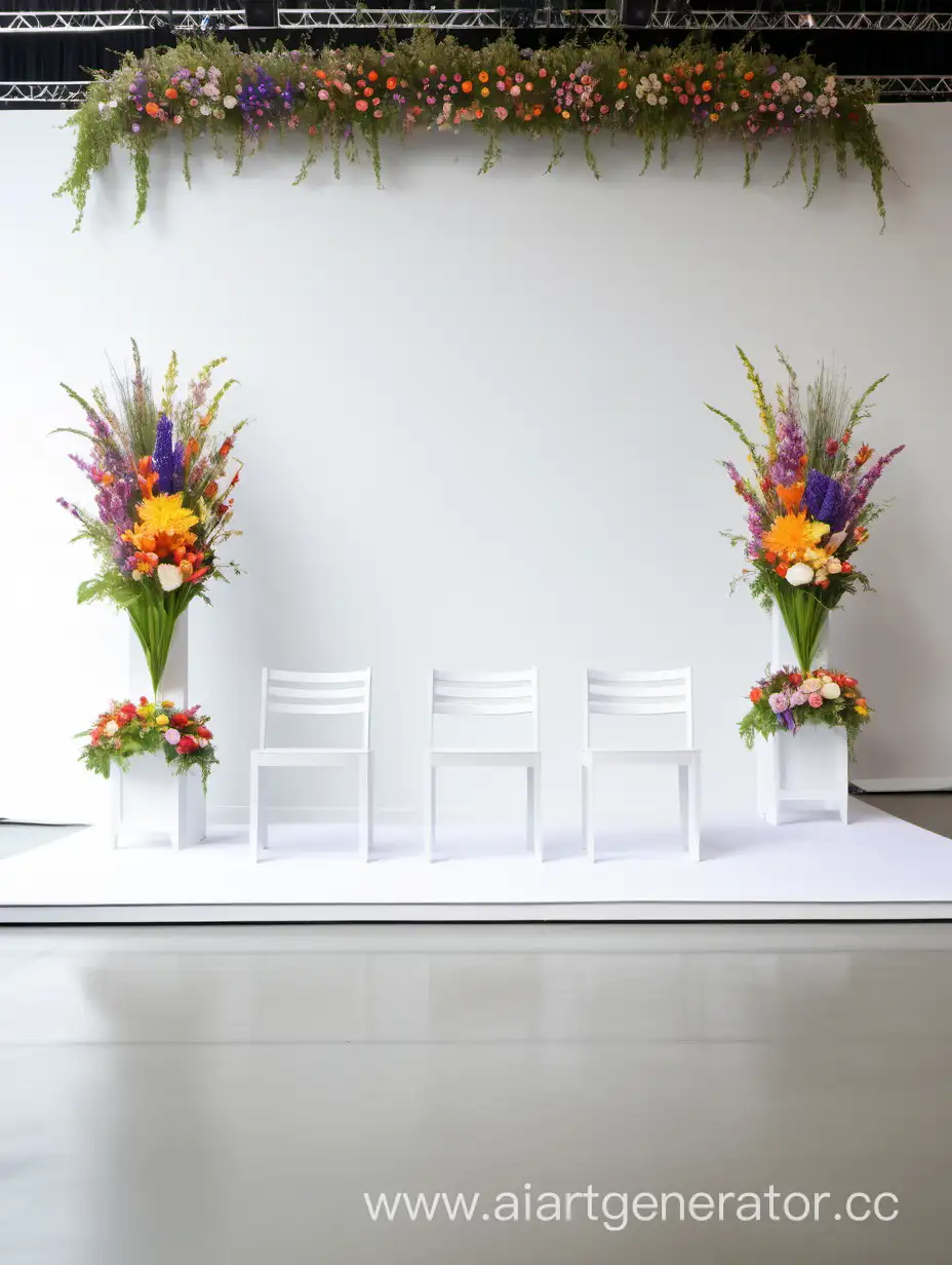 a white stage with only bottom and back walls with colourful spring flower decor, four chairs for presenters, flowers around the chairs
