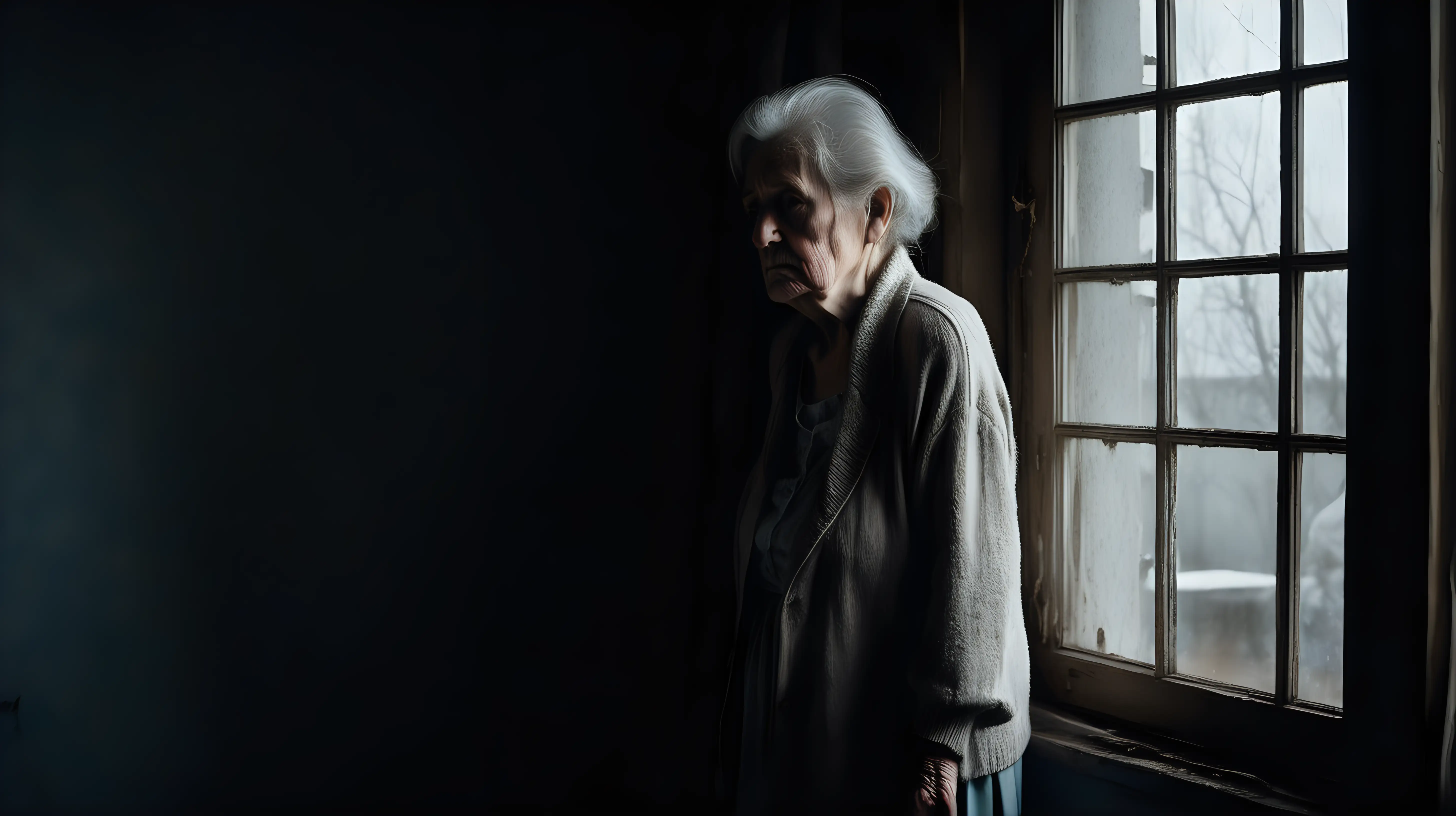 Beauty old women sad standing in front of window alone darkness soft light large old room mess
