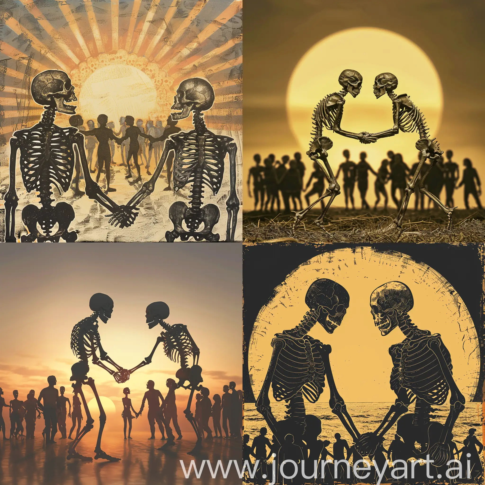 Male skeleton, female skeleton, many people, holding hands, the background is the setting sun.