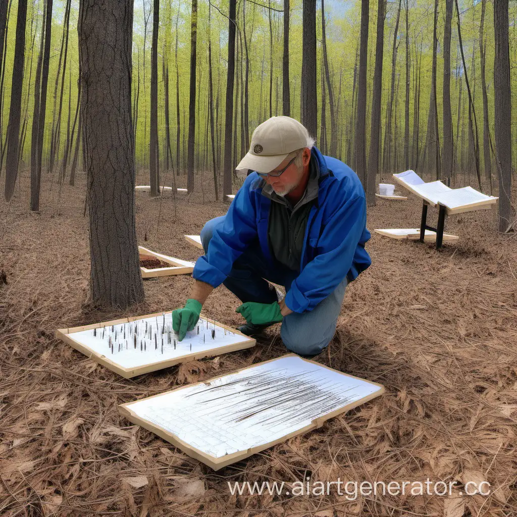 Человек, лесной энтомолог, закладывает пробные площади в лесу с жуками короедами. 

