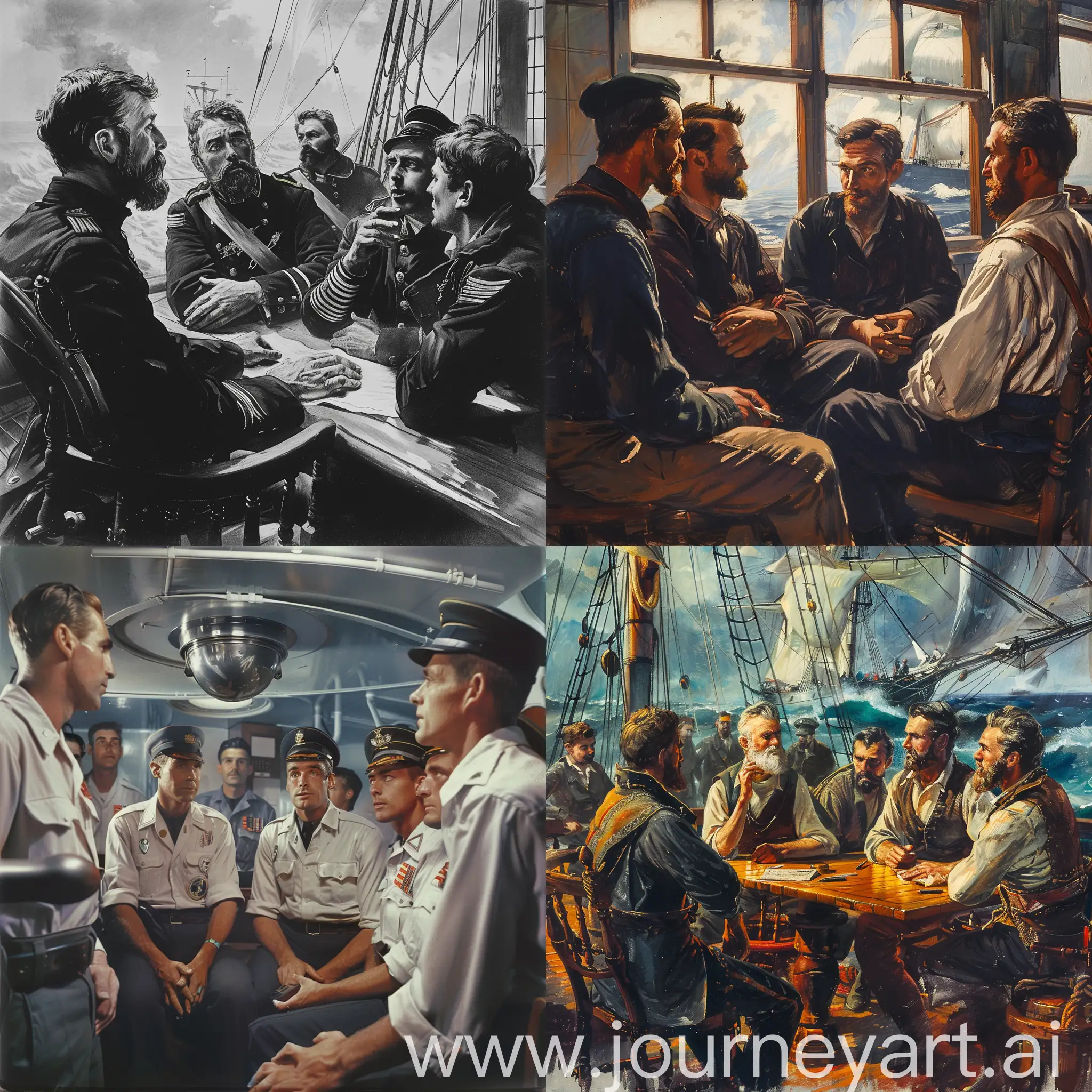 A crew aboard a ship, listening to their captain at a meeting