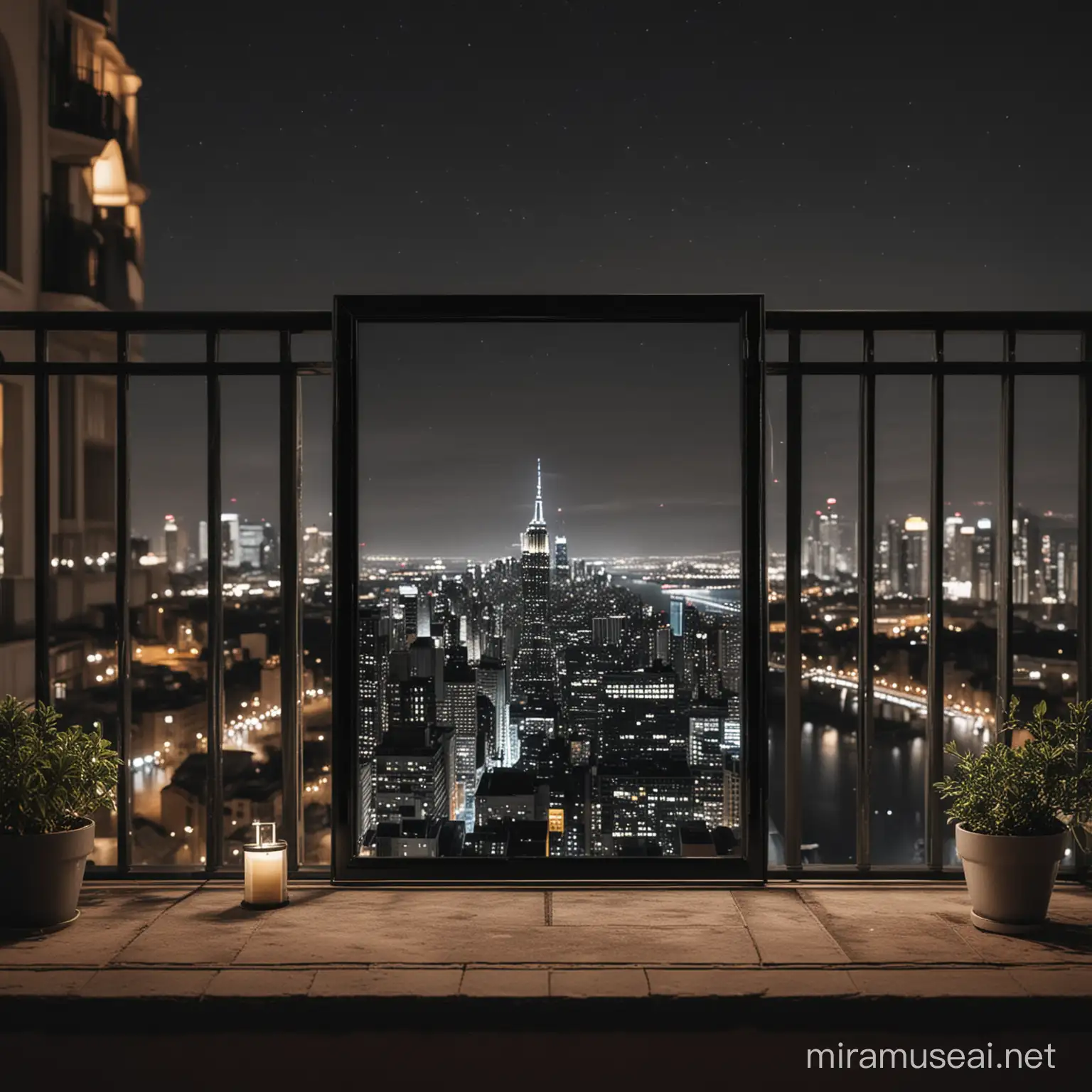 А4 black frame mockup on a balcony with a night city view