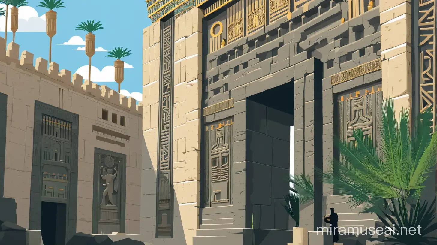 Mixed style of flat vector art and travel poster: ancient city of Persepolis, reconstruction of gate of all nations.