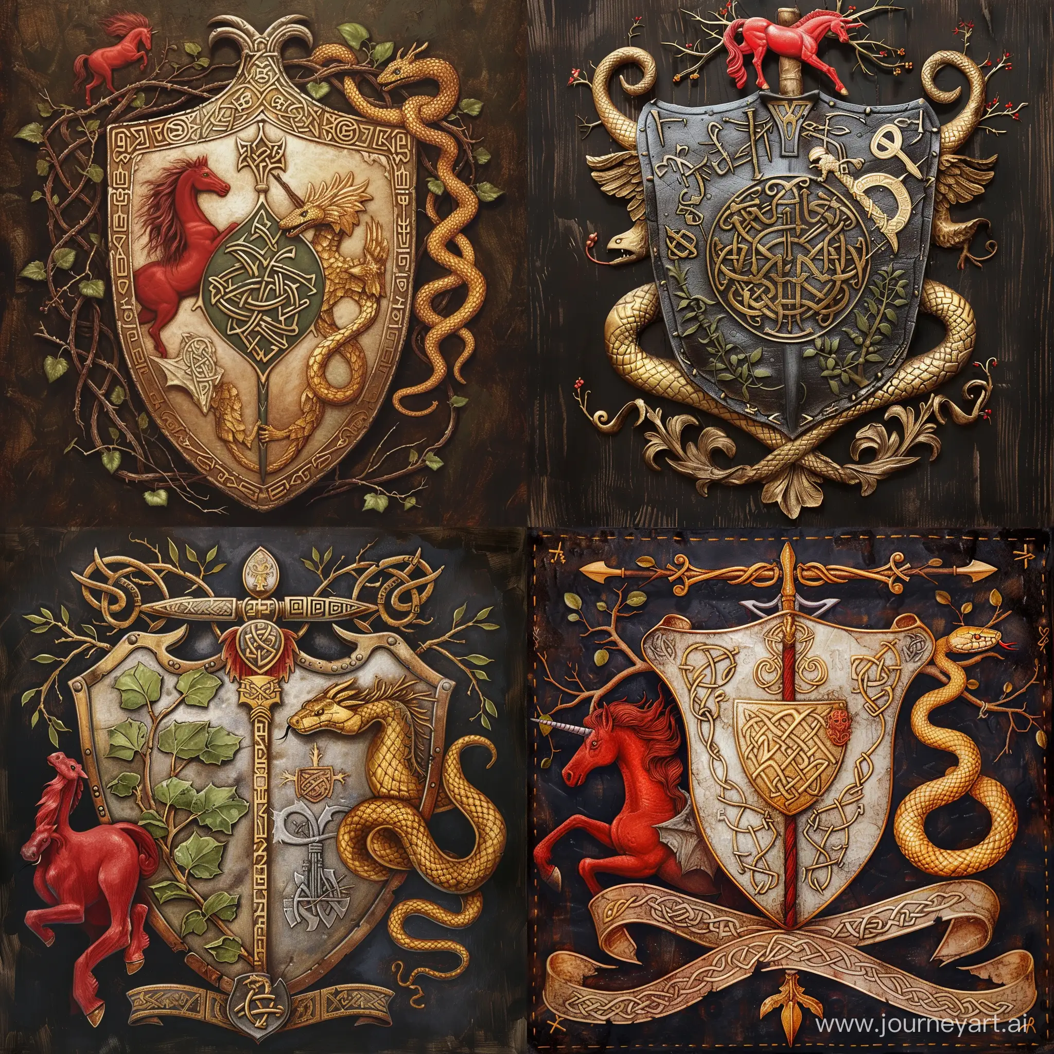Family coat of arms, on the shield, Celtic heraldry, runes, on the right a golden snake, in the center a druid staff entwined with a vine, on the left a red pegasus, at the top branches of thorn and elder