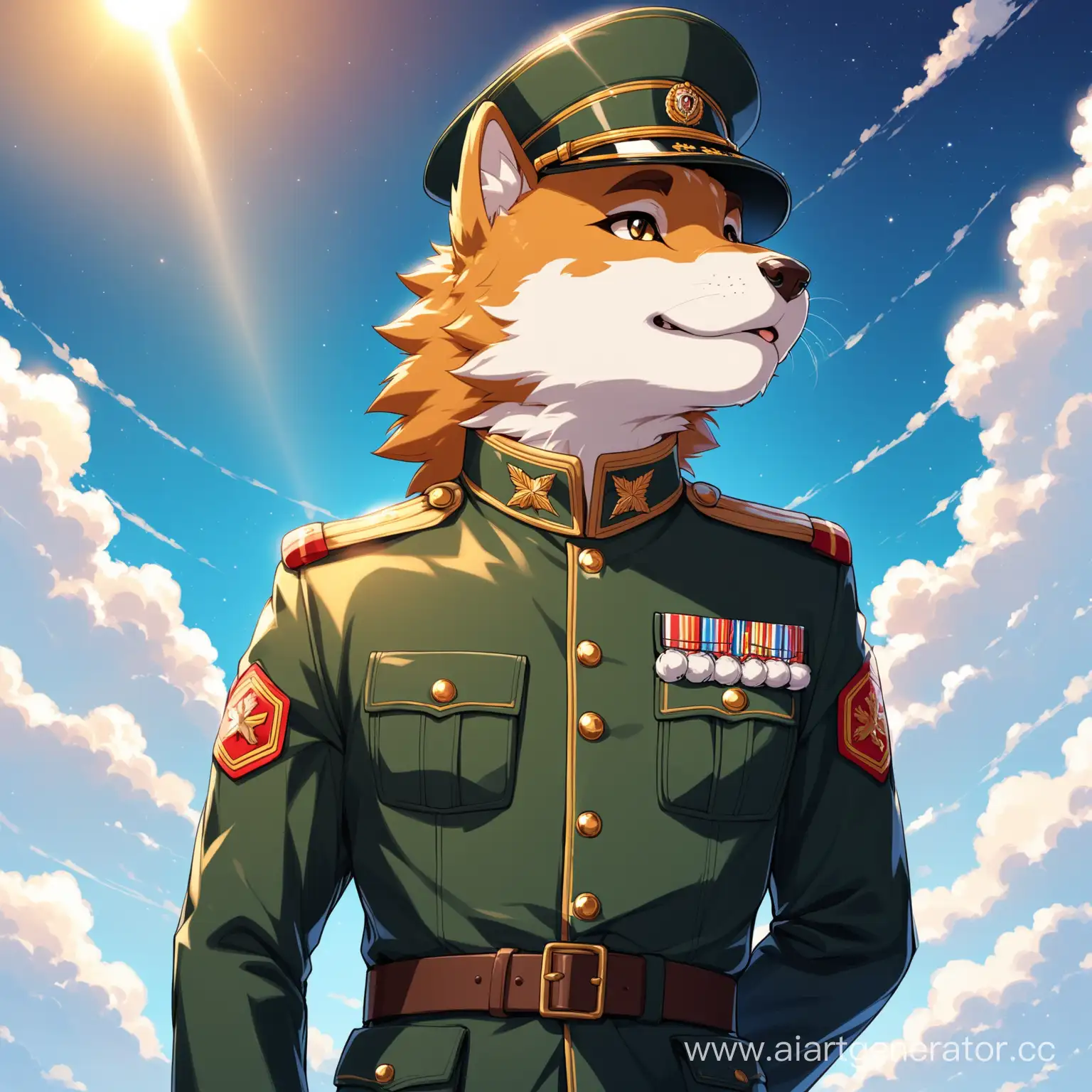 Boykisser фурри в военной форме смотрит в небо