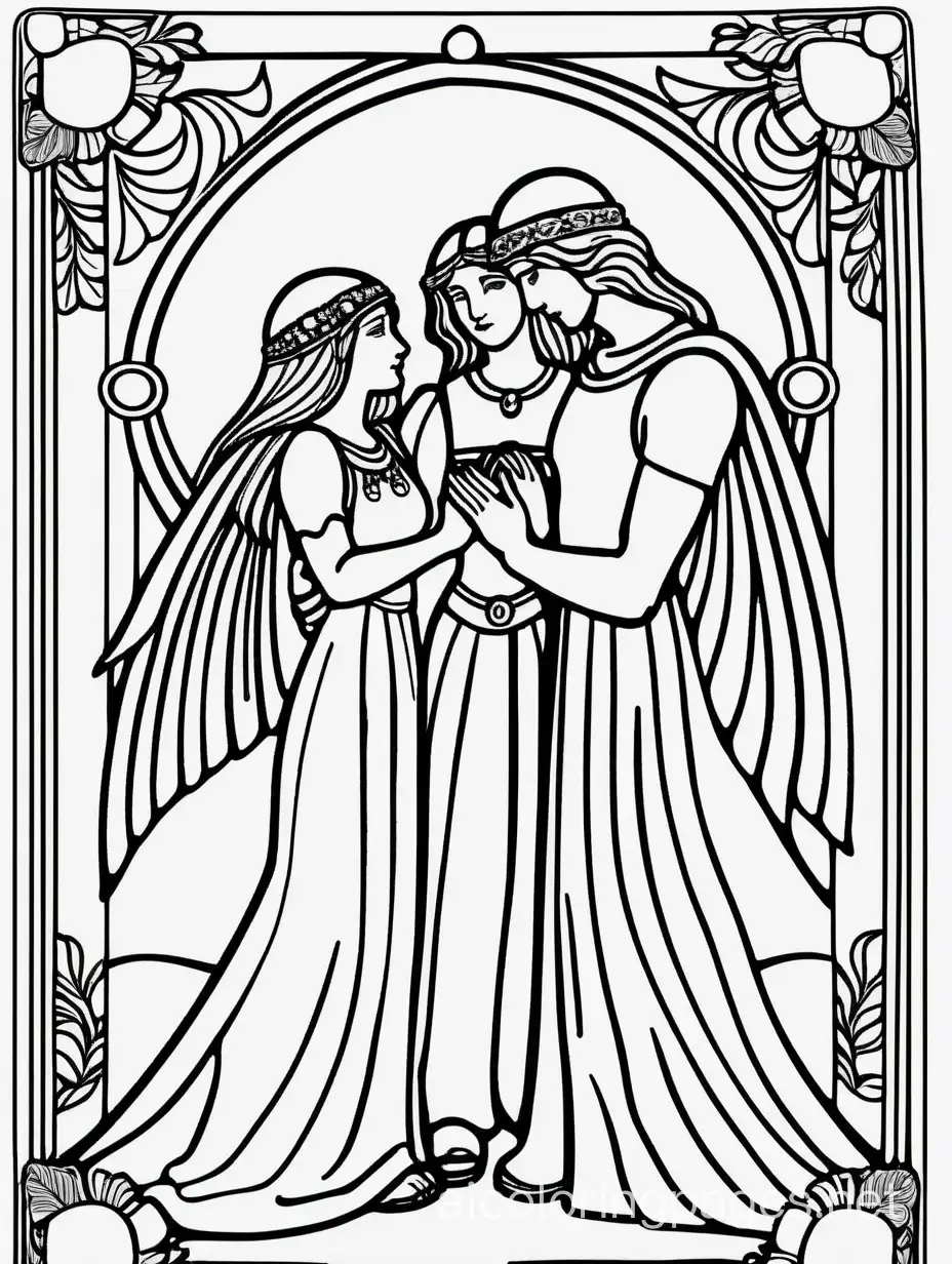 tarot card THE LOVERS coloring page, Coloring Page, black and white, line art, white background, Simplicity, Ample White Space. The background of the coloring page is plain white to make it easy for young children to color within the lines. The outlines of all the subjects are easy to distinguish, making it simple for kids to color without too much difficulty